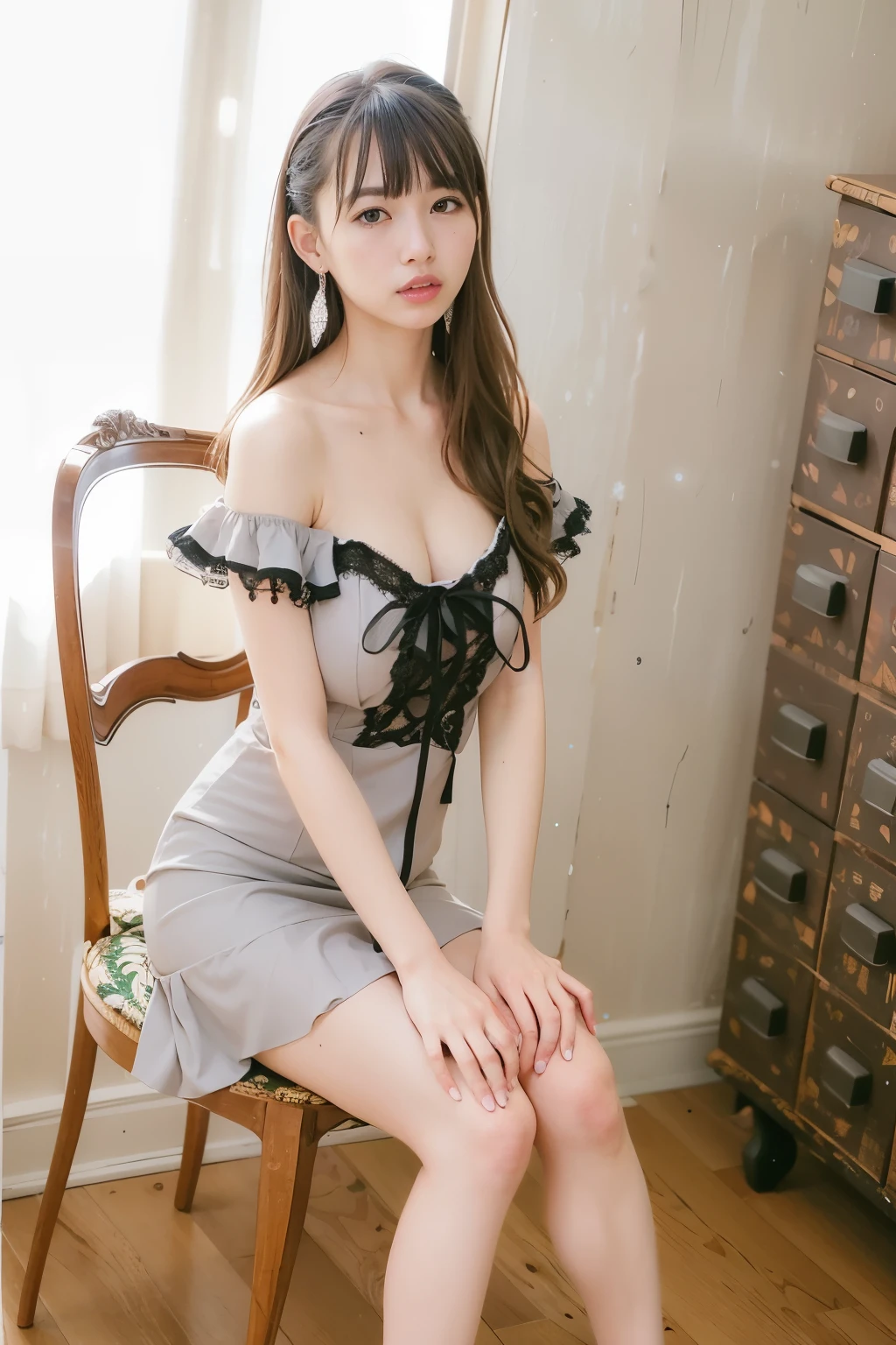 Alphafie woman sitting on a chair wearing a dress and high heels, japanese goddess, sophisticated gravure idol, Young and cute gravure idol, Cute elegant pose, gorgeous maid, Young sensual gravure idol, Yoshitomo Nara, realistic young gravure idol, young gravure idol, sexy dress, Young skinny gravure idol