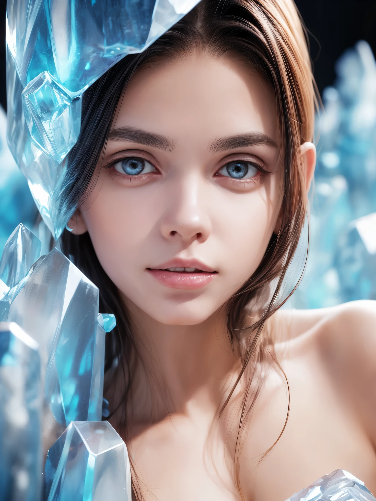 (best quality,ultra-detailed),(realistic:1.37)
,portrait,ice sculpture,beautiful detailed eyes,beautiful detailed lips,shimmering dress,icy atmosphere,sparkling crystals,reflection,icy textures,light blue background,subtle shadows,vivid colors,studio lighting.