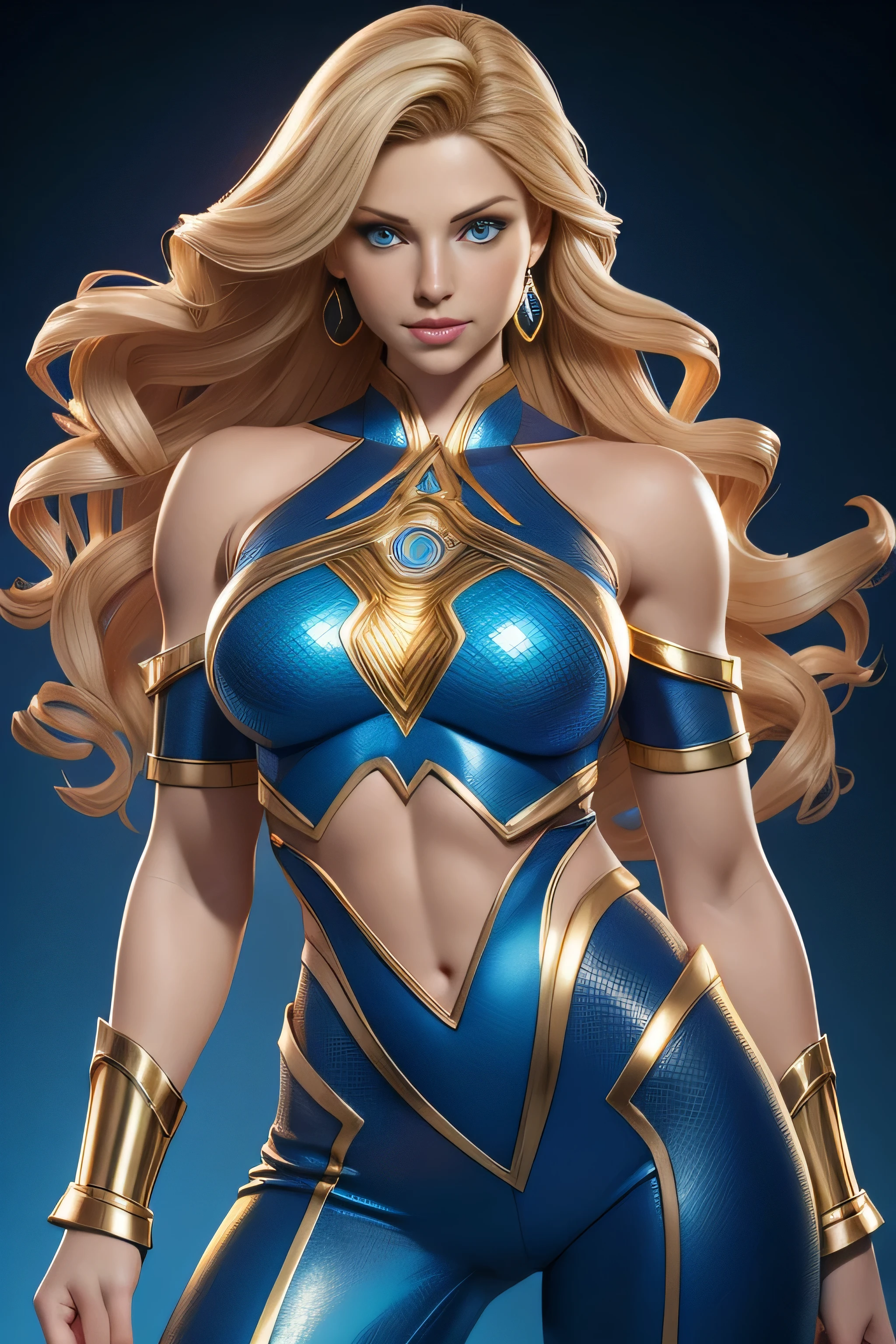 Sexy superheroine wavy blonde hair glowing blue eyes wears a blue outfit gold shoulder pads gold bracelets revealing abs midriff a Z symbol on her chest portrait photography by artgerm, in the style of realism, glistening skin, cartooncore, mangacore, natural lighting, Defined full lips. Muscular fitness feminine body