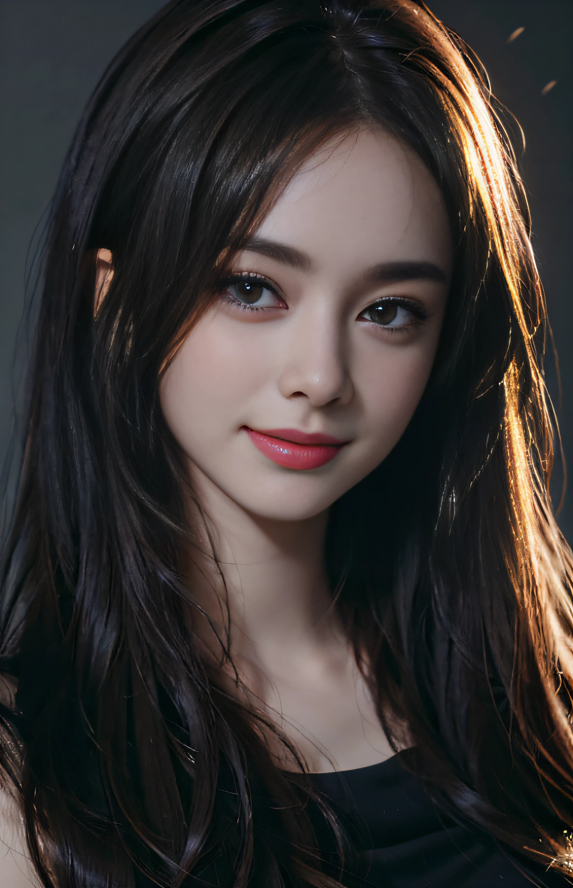 (surreal), (figure), (Improved resolution), (8K), (very detailed), (Best figure), (beautiful and detailed eyes), (highest quality), (Super detailed), (masterpiece ), ( wallpaper), (detailed face), alone, 1 girl, looking at the viewer, small details, detailed face, in the dark, deep shadow, discreet key, Pure erotic face ace_v1, smile, long hair, black shawl straight hair , 46 point diagonal bangs