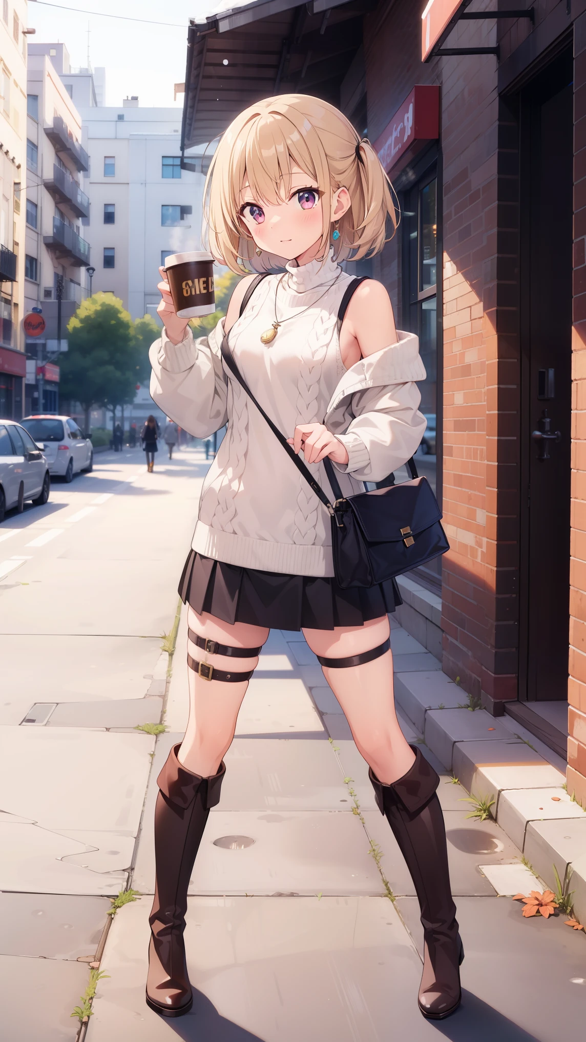 (highest quality), (masterpiece), 1080P, HD, 4K, 8K, two women, thigh strap, Standing with open legs, look down here, cold, Winter clothes, knit dress, high neck, Leather skirt, , Medium chest, whole body, no panties, leather boots, ear hair, pleasing face, Shoulder bag, necklace, hot coffee, city