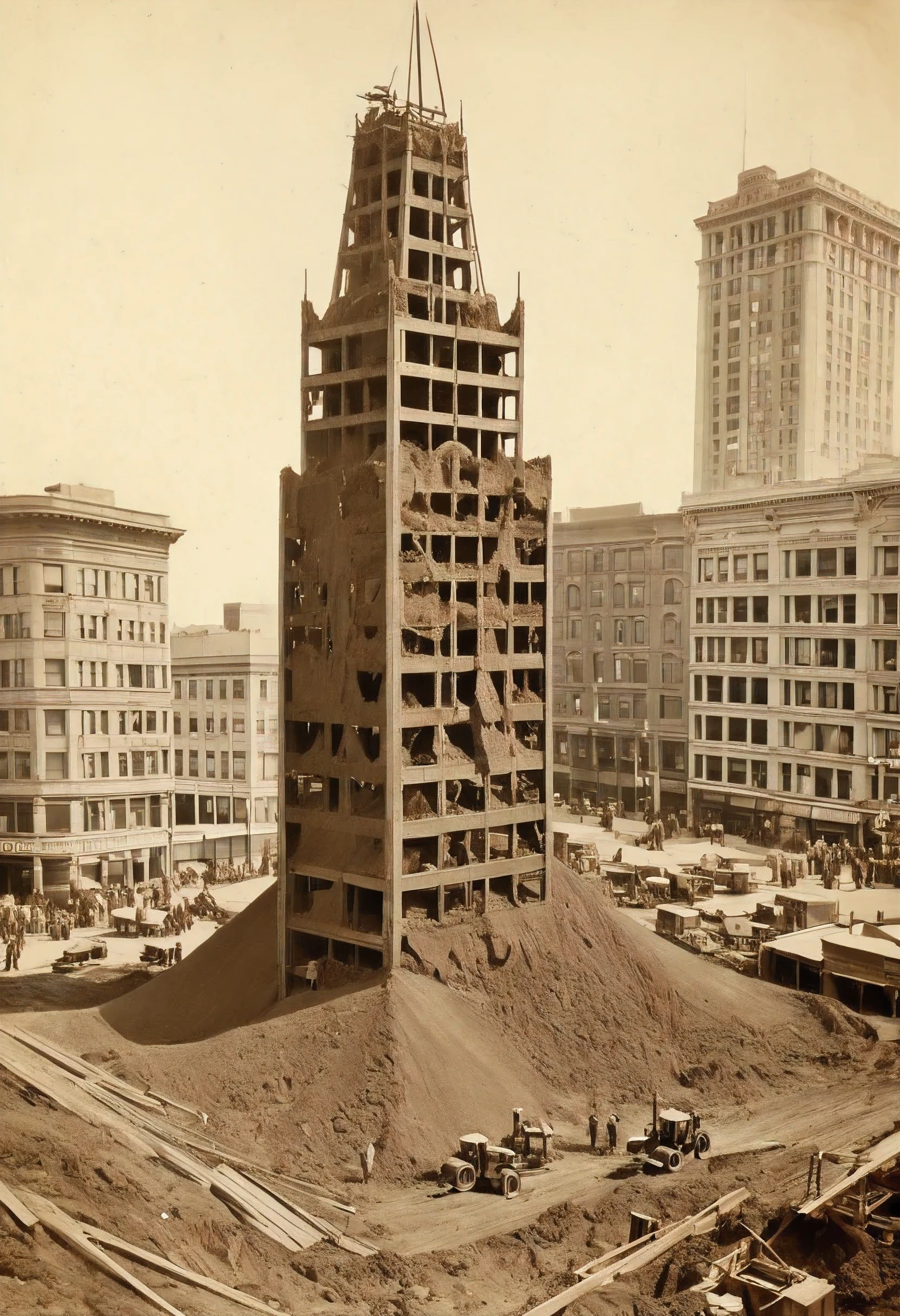 1890 vintage photo showing a (cross-section) of a large skyscraper with the bottom half is covered in dirt being dug out of the ground. with tiny construction equipment and crews working to uncover as much as they can. the skyscraper has an architecture that resembles persian, Russian, together. the photograph is taken in san Francisco, detailed film grain high quality