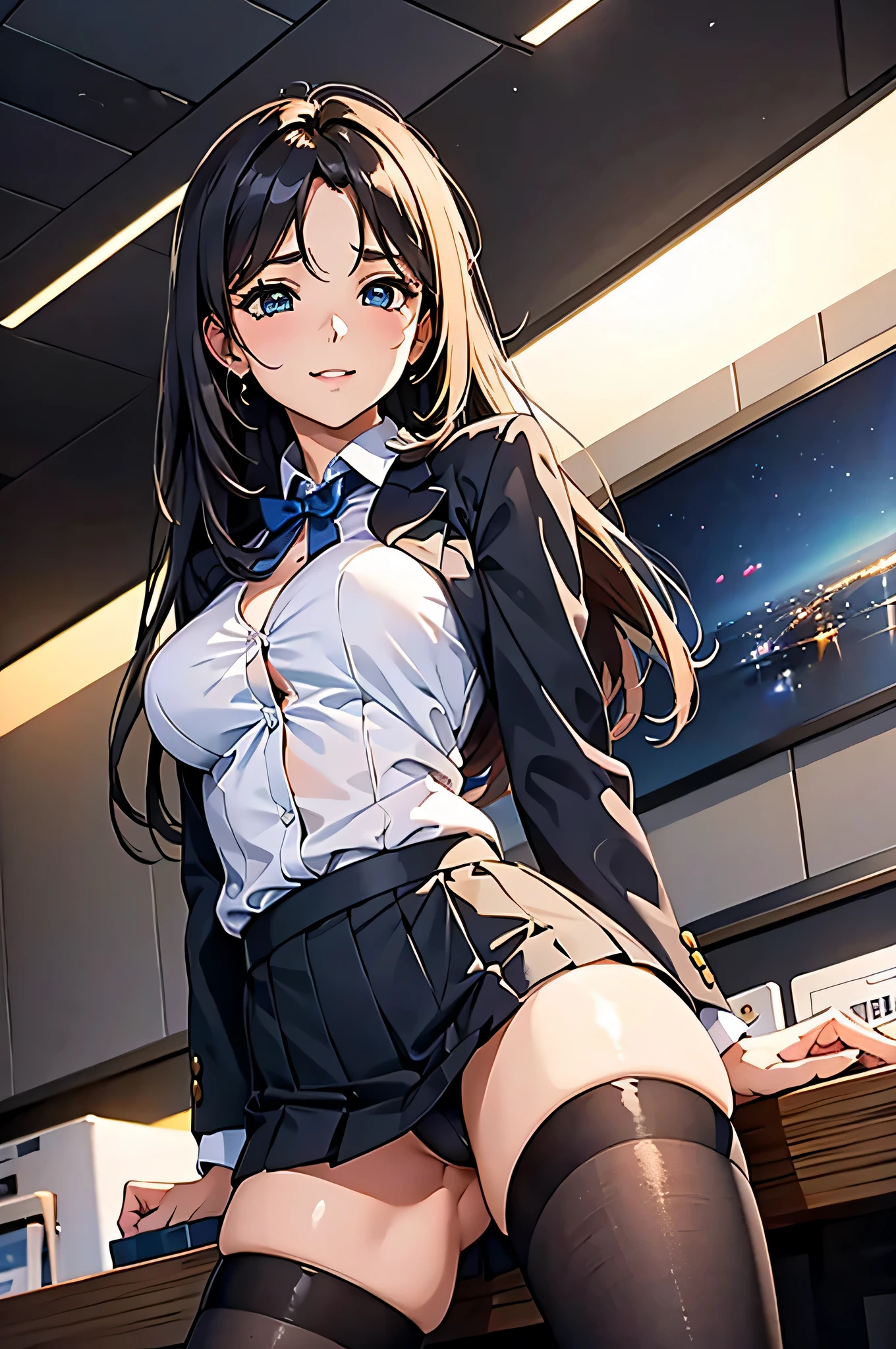 (1woman), Beautiful, Amazing face and eyes, makeup, (extremely detailed beautiful face), seducting smile, (Best Quality:1.4), (Ultra-detailed), (extremely detailed CG unified 8k wallpaper), Highly detailed, raw photos, Professional Photography, (Business Suit, Mini skirt:1.2), (Business shirt with wide open chest), (Spread legs), (view from below)