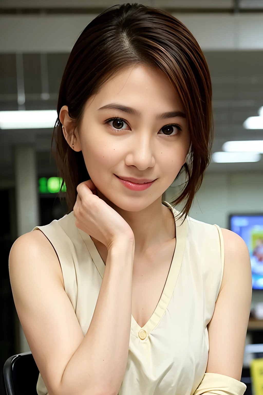 (supermarket:1)、afternoon、Doctor Gown、Light brown fringe shorthair、light brown eyes、1 girl、innocence、(realistic)、(intricate details:1.2)、(masterpiece、:1.3)、(highest quality:1.4)、 (ultra high resolution:1.2)、ultra high resolution、(detailed eyes)、(detailed facial features)、HDR、8K resolution、(Lens flare:0.7)、turn around、Busy with inspection reports、Face Viewer、drshe、See-through、Invisibility