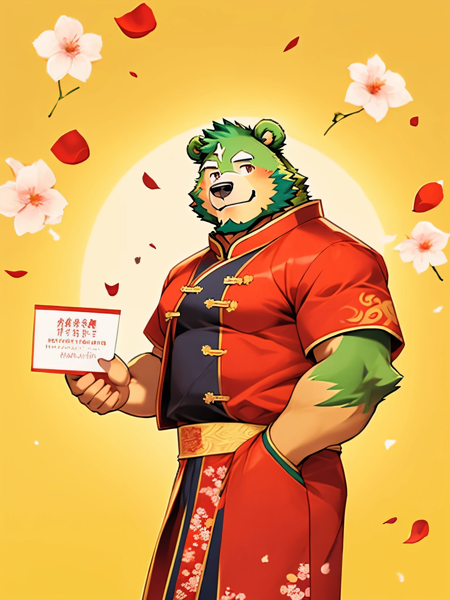 jinpei in wearing red ao dai and holding a red envelope and a red card, furry, full body, furry bear, green fur, traditional vietnamese ao dai clothing, traditional chinese, wearing a red cheongsam, promo photo, chinese costume, asian male, wearing red and yellow clothes, promo shot, wearing red attire, allan lee, promo image, tv still, advertising photo, a handsome, wearing authentic attire, daddy, mature, dilf, happy new year, give red envelopes, simple background, cherry flower petals, fire crackers