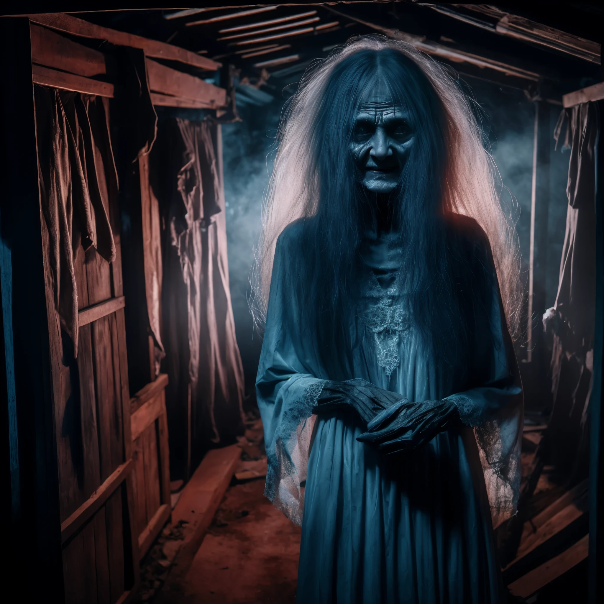 a close up of a person in a creepy costume standing in a room, eerie person, scary ghost, haunted house themed, horror photography, by Aleksander Gierymski, spooky and scary atmosphere, creepy and dramatic atmosphere, tattered gothic horror maiden, 80-year-old Thai woman, inside haunted house, haunting and spooky, spiritual eerie creepy picture, scaring, ghostly ghost, horror photo