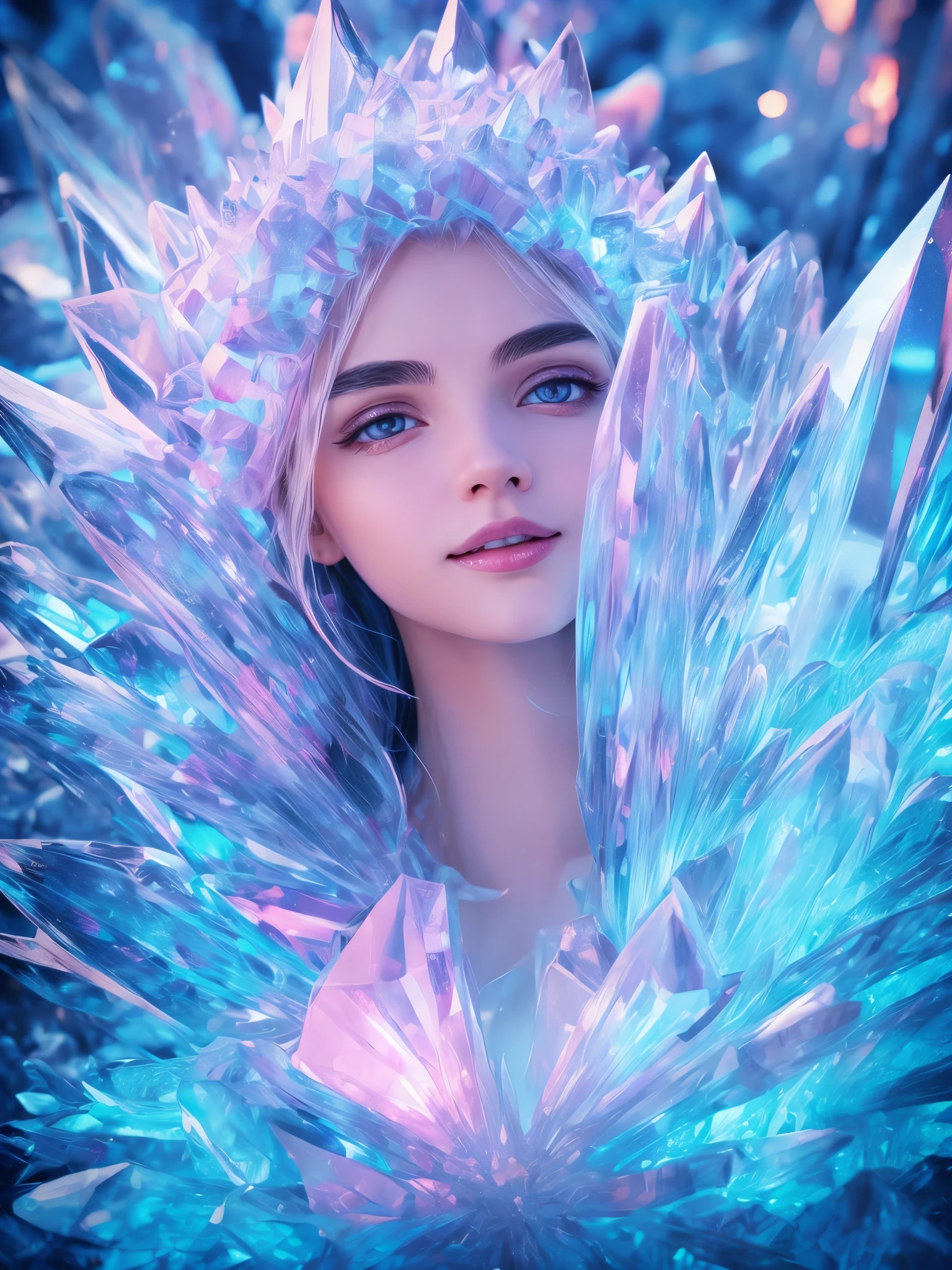 (a girl in an ice sculpture,full body,colorful lighting),portrait,photorealistic,professional,highest quality,4k,ultra-detailed,vivid colors,bokeh,beautiful detailed eyes,longeyelashes,beautiful detailed lips,ice textured skin,luminous glow,sparkling ice crystals,winter wonderland,blue,purple,pink lighting,ethereal atmosphere,cold,magical,translucent ice,crystal clear,glacial environment,majestic pose,serene expression,subtle fog,hypnotic rays of light,frozen beauty,lively,happy,peaceful,icy cold,toes sinking into the snow,sparkling snowflakes falling in the background,shimmering aurora borealis,glittering winter landscape,enchanted dreamscape.