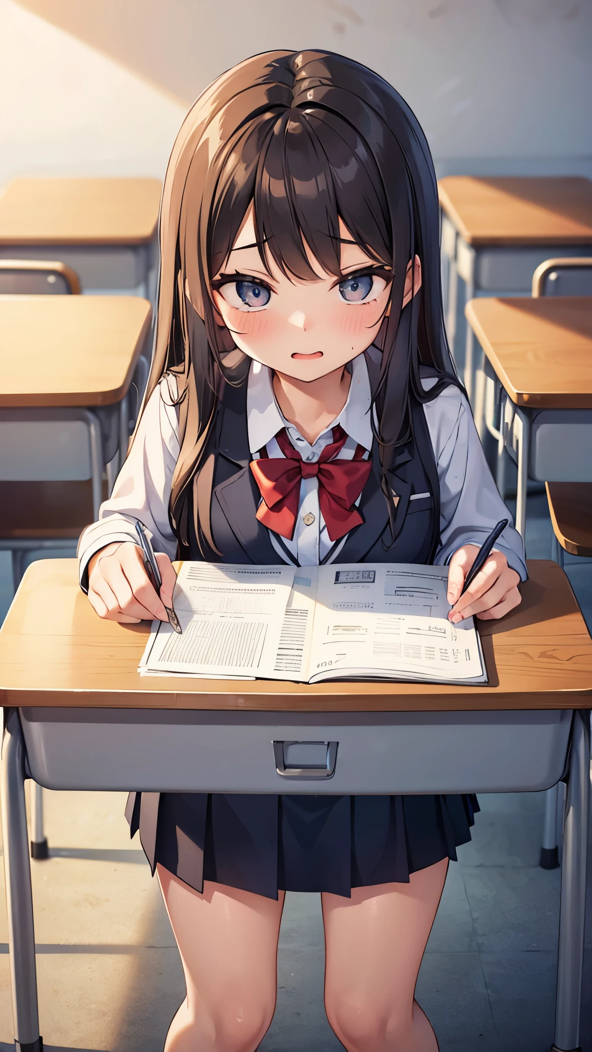 A high school girl is puking up her lunch in the classroom, and her desk is covered in vomit.