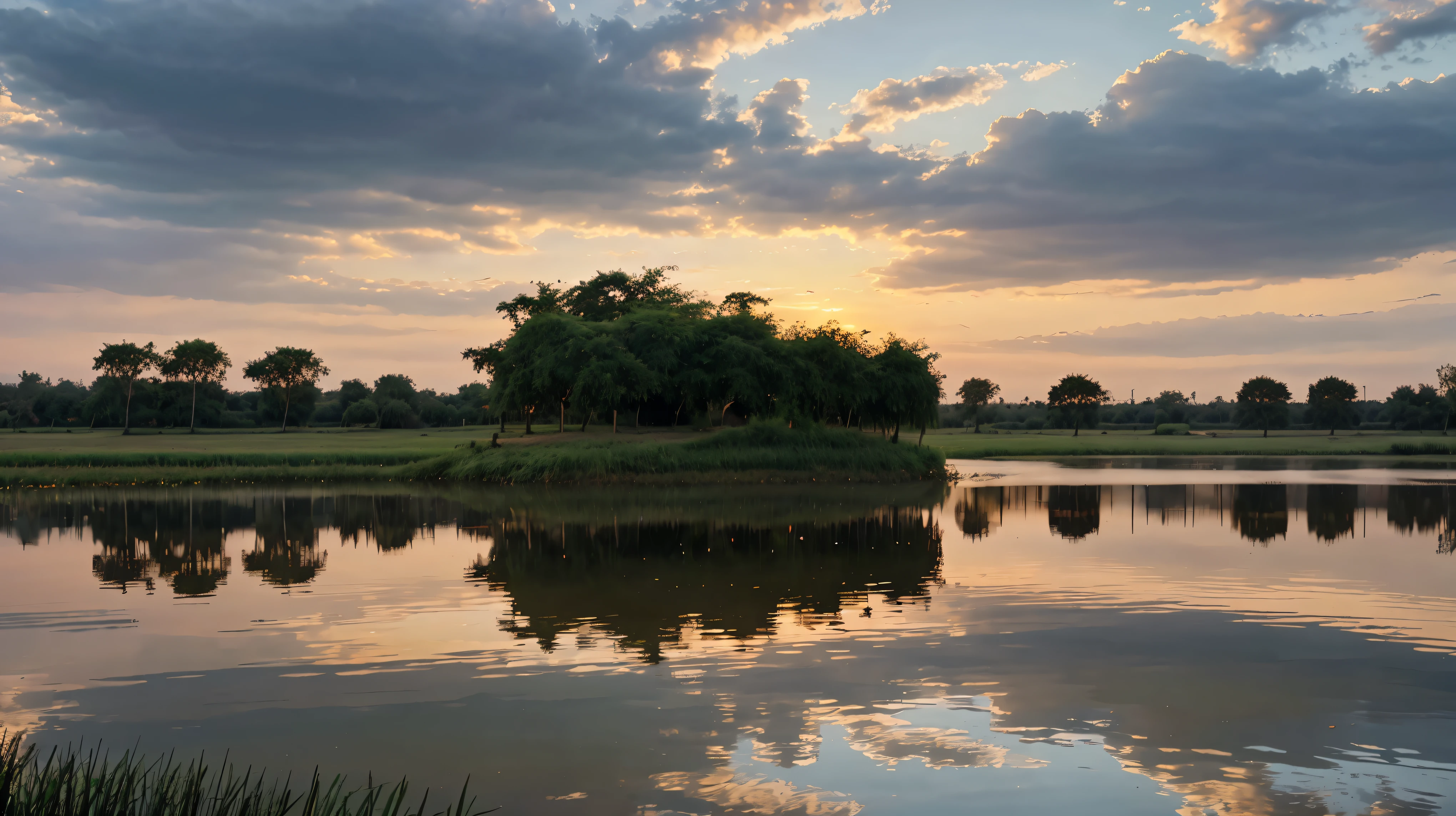 no_humans, scenery, outdoors, sky, tree, cloud, grass, sunset, water, reflection, assam house, traditional_media, cloudy_sky, nature