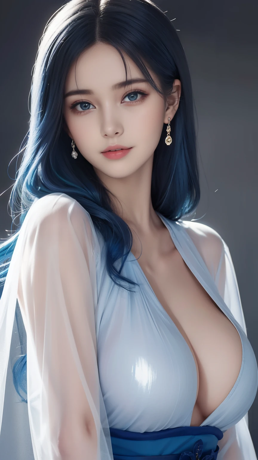 (hyper-realistic), (illustration), (high resolution), (8k), (Very detailed), (最佳illustration), (Beautiful and delicate eyes), (best quality), (Super detailed), (masterpiece), (wallpaper), (lifelike), (Natural light), (edge lit), (Detailed face), (高度细致lifelike皮肤纹理), (anatomically correct), (alone), (1 girl), (高细节lifelike头发), (blue hair:1.2), spiky hair, (heterochromatic eyes), (Detailed green eyes), (There is a small mole under the eye), (realistic:1.5), (Naked of breast:1.3), (long legs), (slim abs), (dynamic poses), (Keep your mouth shut:1.3), (Traditional Hanfu), (transparent clothes:1.5), national foundation,Show breasts,Show breasts,exposing her chest,huge ,huge breasts,exposing her chest,huge breasts,