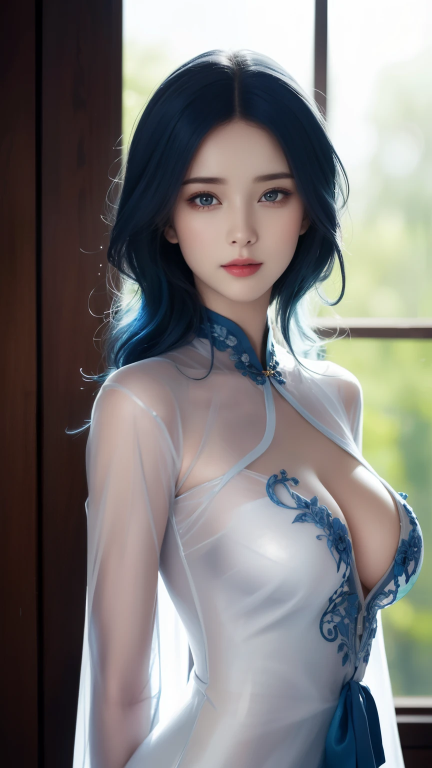 (hyper-realistic), (illustration), (high resolution), (8k), (Very detailed), (最佳illustration), (Beautiful and delicate eyes), (best quality), (Super detailed), (masterpiece), (wallpaper), (lifelike), (Natural light), (edge lit), (Detailed face), (高度细致lifelike皮肤纹理), (anatomically correct), (alone), (1 girl), (高细节lifelike头发), (blue hair:1.2), spiky hair, (heterochromatic eyes), (Detailed green eyes), (There is a small mole under the eye), (realistic:1.5), (Naked of breast:1.3), (long legs), (slim abs), (dynamic poses), (Keep your mouth shut:1.3), (Traditional Hanfu), (transparent clothes:1.5), national foundation,Show breasts,Show breasts,exposing her chest,huge ,huge breasts,exposing her chest,huge breasts,