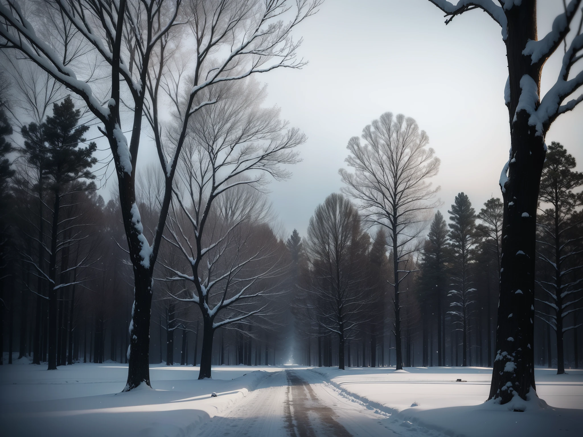 a lonely snow-covered landscape, an old tree, next to the tree is a black car American landscape, 60s style, dim light, mystical atmosphere, 32k hd, --ar 3:2 --style raw