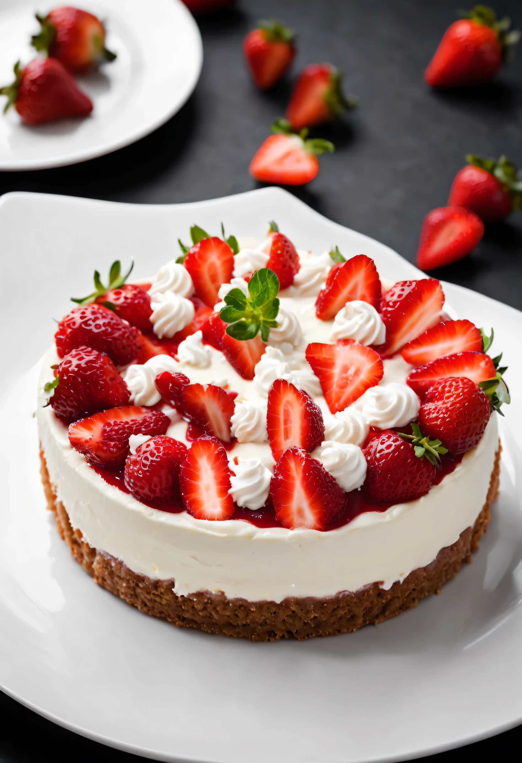 Strawberry cheese cake with white cream. black background. white campus, white table.
