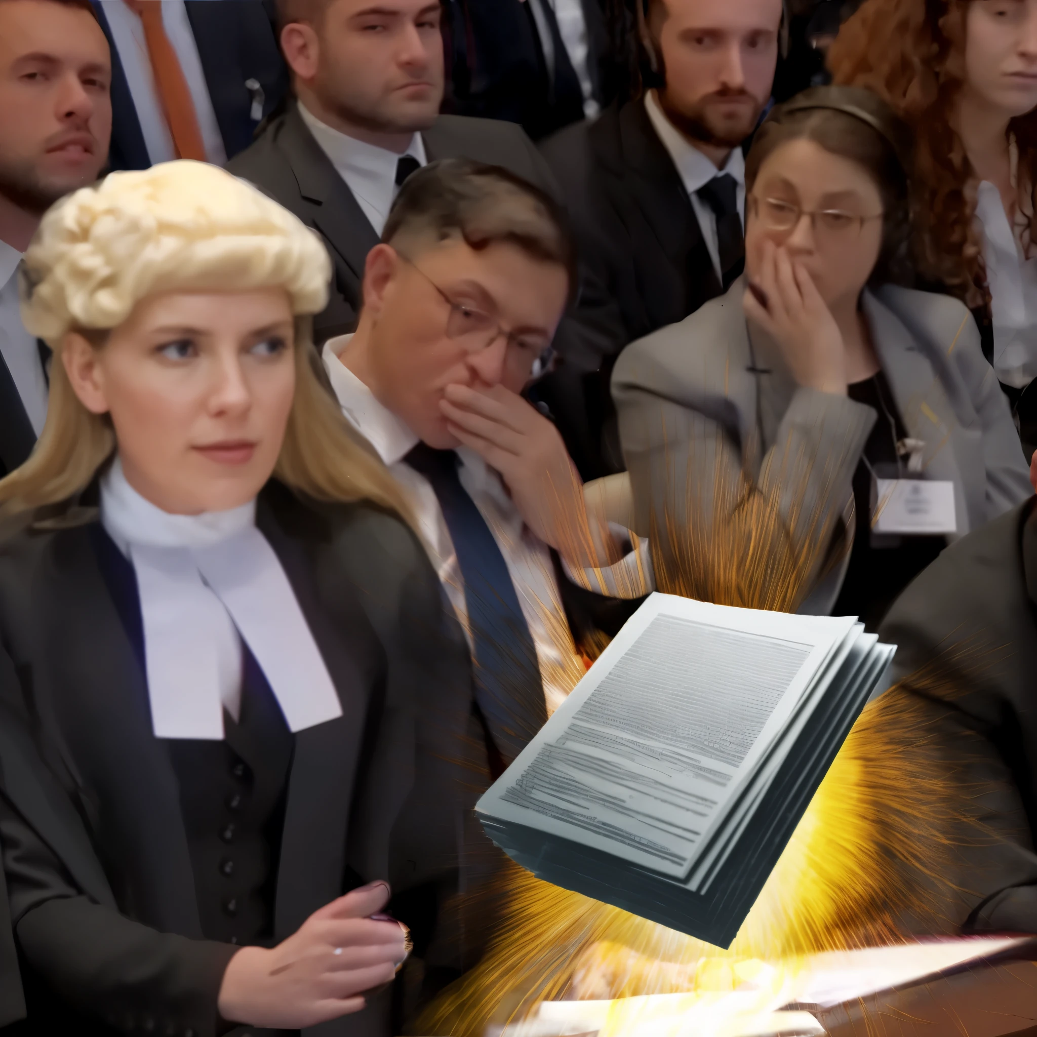 energy lifts up multi-page report, female lawyer at the Hauge