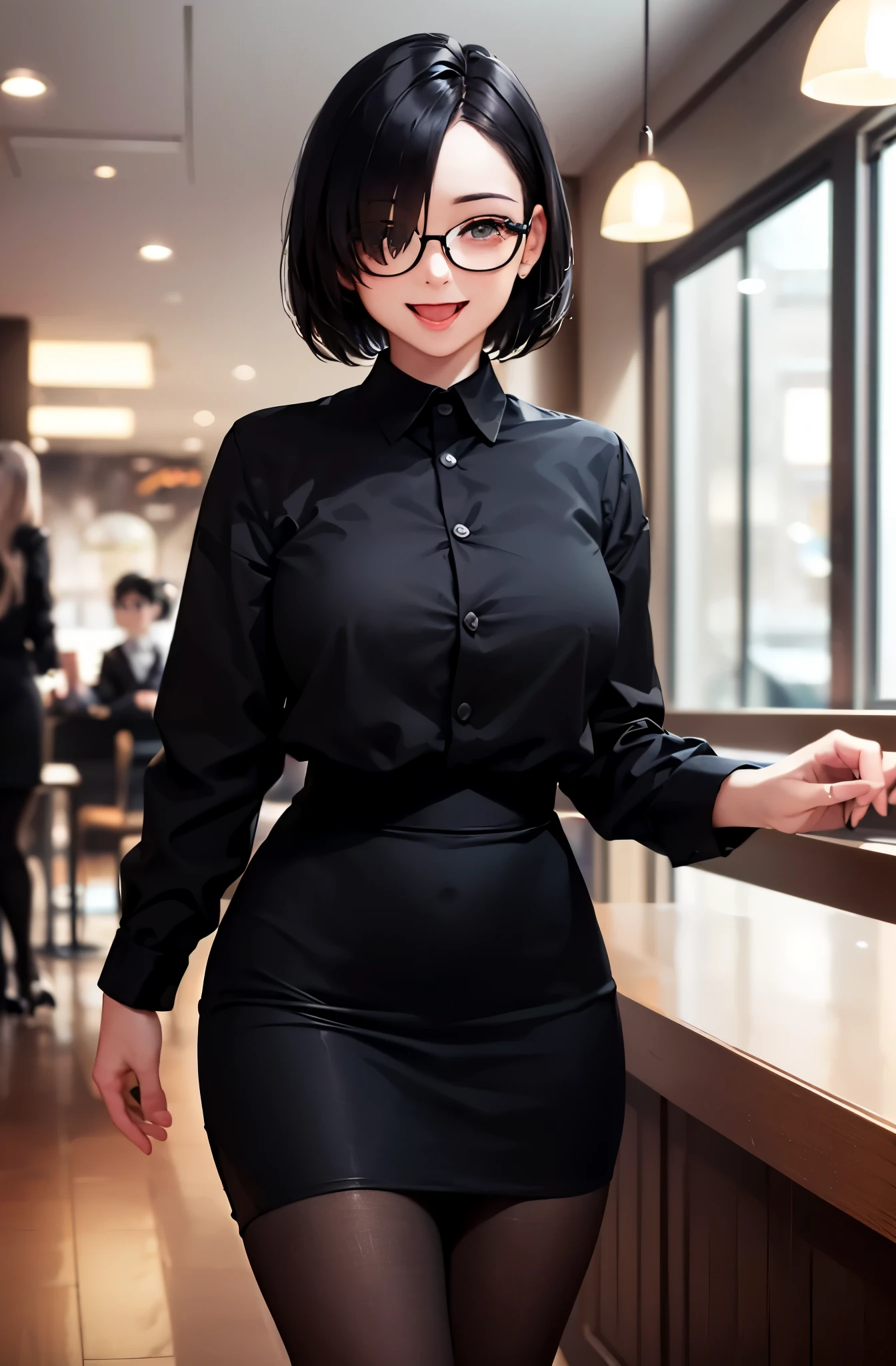 (masterpiece:1.5)、(highest quality:1.5)、(8K:1.2)、(Super detailed:1.2)、(photorealistic:1.2)、(ultra high resolution:1.2)、(Highly detailed and realistic skin:1.2)、(Very detailed and clean sharp eyes:1.2)、(bright lighting:1.4)、(At a family restaurant with many male customers.:1.3)、(Listening to male customer's order:1.3)、break、(18 year old woman with slender figure:1.2)、(beautiful eyeliner)、(beautiful eyeshadow)、natural color lip、break、(Short black bob hair that covers one eye:1.3)、(Black glasses:1.3)、break、(medium beautiful breasts)、(black pantyhose:1.3)、(black long sleeve shirt waitress costume:1.3)、(Black Mini Pencil Skirt:1.2)、(Smile with wide open mouth:1.3)