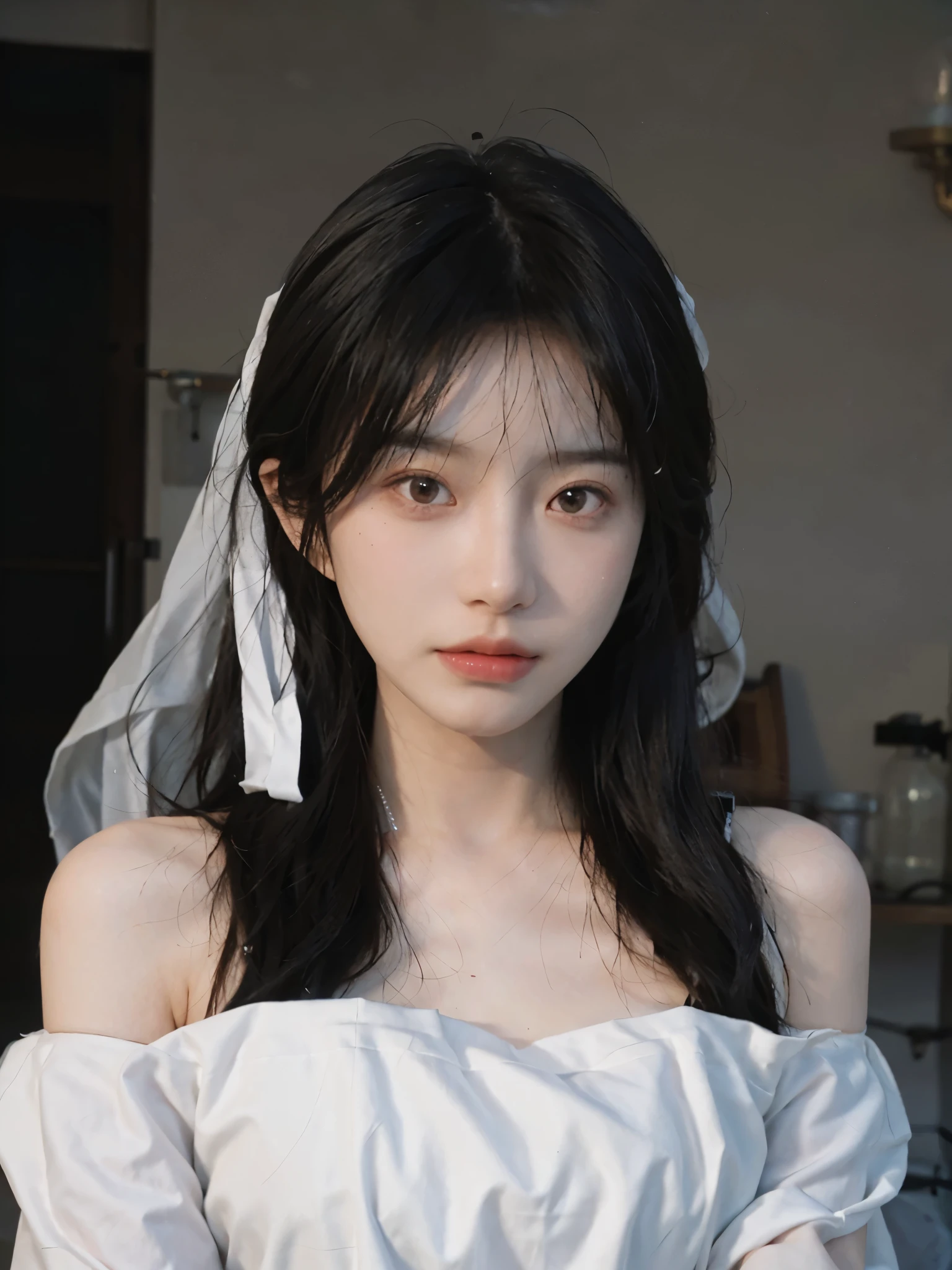 Film portrait photography, 2 girls, bare shoulders, Shoulder length wavy hair, white wedding dress， (Realistic and detailed eyes, natural skin texture, Realistic facial details),, depth of field, Bokeh, Vibrant details, Detailed and detailed, Surrealism, 35mm film, hazy, ,self-shot，