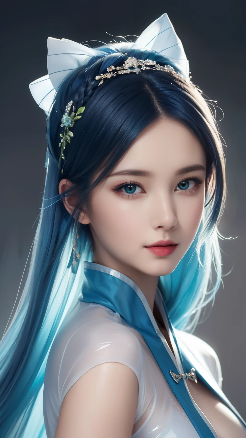 (hyper-realistic), (illustration), (high resolution), (8k), (Very detailed), (最佳illustration), (Beautiful and delicate eyes), (best quality), (Super detailed), (masterpiece), (wallpaper), (lifelike), (Natural light), (edge lit), (Detailed face), (高度细致lifelike皮肤纹理), (anatomically correct), (alone), (1 girl), (高细节lifelike头发), (blue hair:1.2), spiky hair, (heterochromatic eyes), (Detailed green eyes), (There is a small mole under the eye), (realistic:1.5), (Naked of breast:1.3), (long legs), (slim abs), (dynamic poses), (Keep your mouth shut:1.3), (Traditional Hanfu), (transparent clothes:1.5), national foundation,Show breasts,Show breasts,exposing her chest,huge ,huge breasts,exposing her chest,huge breasts,