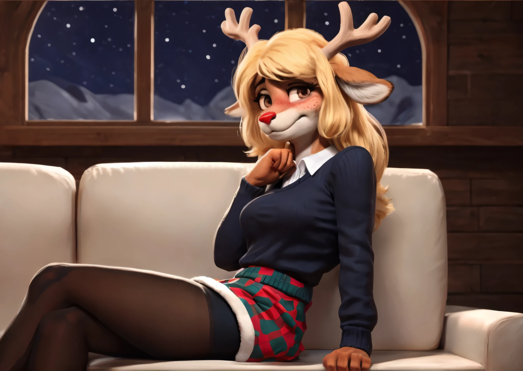 [noelleholiday], [Deltarune], [Uploaded to e621.net; (Pixelsketcher), (wamudraws), (woolrool)], ((masterpiece)), ((HD)), ((high res)), ((solo portrait)), ((front view)), ((waist-up)), ((sideview)), ((furry; anthro)), ((detailed fur)), ((detailed shading)), ((beautiful render art)), ((intricate details)), {anthro deer; brown fur, red nose, brown eyebrows, (cute freckles), cute brown eyes, (short eyelashes), (deer antlers), long blonde hair, short fluffy tail, (white spots on thighs), (camel toe), (curvy hips), (beautiful legs), (blushing), (cute smirk), (nervous expression), (nervous expression)}, {(green and red white-collared checkered sweater), (black sleeves), (short black pencil skirt), (transparent pantyhose)}, {(sitting on couch), (nervous posture), (crossed legs), (hands in lap), (looking at viewer)}, [background; (living room), (fireplace), (christmas decorations), (window), (snow in window), (starry sky)]