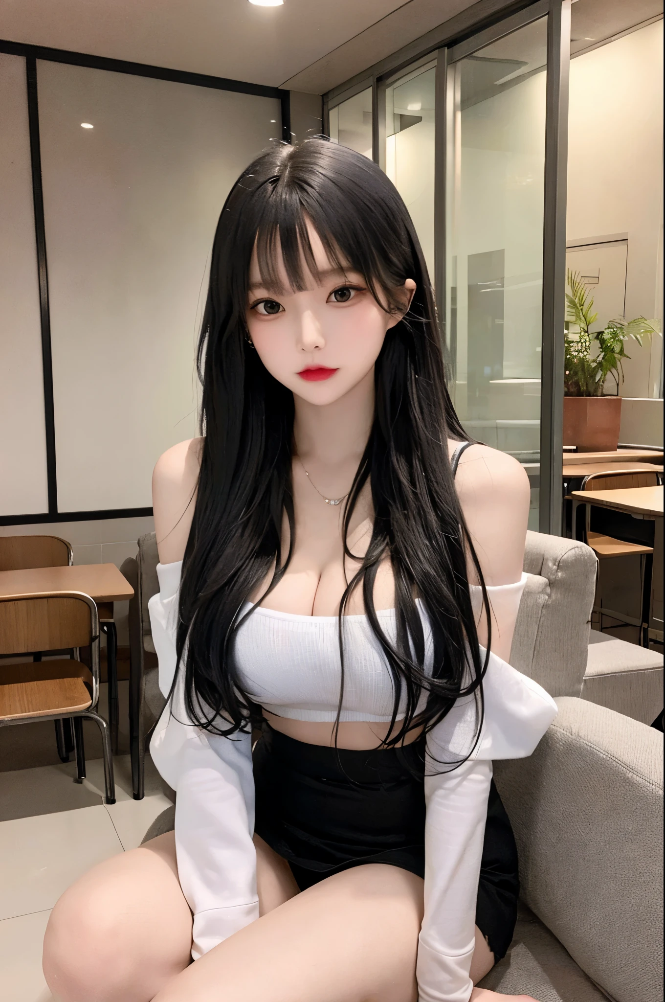 Black and white two ton hair 긴머리,Off shoulder, Overfit Shirts, Pencil skirt, 17-year-old female,masterpiece,high quality,exposing cleavage, exposed pelvis, light skin, Brightly shining hair, {skinny}, medium breats, masterpiece, cute girl, Distinct image, full bangs, cute,ta,skinny stomach,The background is school, Seductive expression, Bring your thighs together, space between legs, posture of sitting on a chair,(:1.3),narrow waist,leg focus,,looking for viewer,Seductive thighs