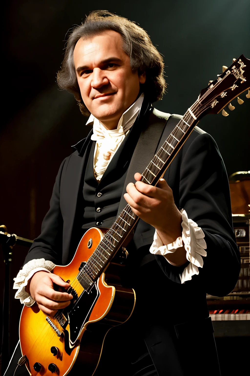 Beethoven, the renowned classical composer, now stands among his death metal bandmates, clad in vestiges of the 18th century. Electric guitar in hand, its strings gleaming under the harsh stage lights, he strums an unexpected melody. An accomplice, also donned in historical attire, looks on approvingly, sharing a secretive grin with the musical maverick. The shadows of two distant figures lurk in the background, awaiting their cue to join in the provocative fusion of old and new. (harshness:1.6), amps, mosh pit, rebeldia, corpo esticado, expressão de concentración, dedicação absolut