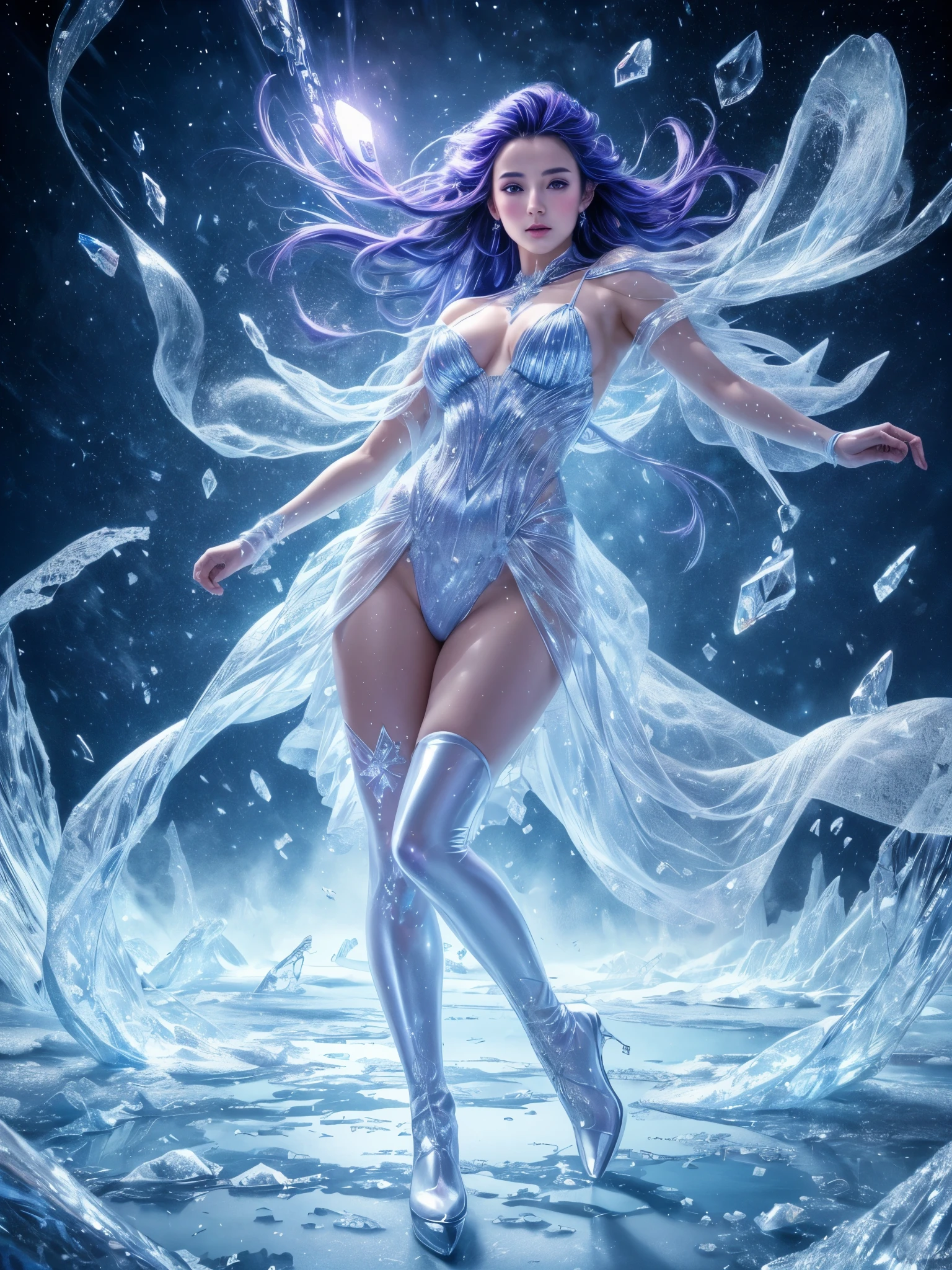 (best quality,4k,8k,highres,masterpiece:1.2),ultra-detailed,(realistic,photorealistic,photo-realistic:1.37),a girl in an ice sculpture,full body,colorful lighting,ice,glistening,transparent,crystalline,reflective surface,sparkling,ethereal,frozen,delicate,icy creation,snowflakes swirling,icy winds blowing,long flowing hair,frosty breath,humid cold air,magical atmosphere,shimmering splendor,soft ambient light,blue and purple hues،