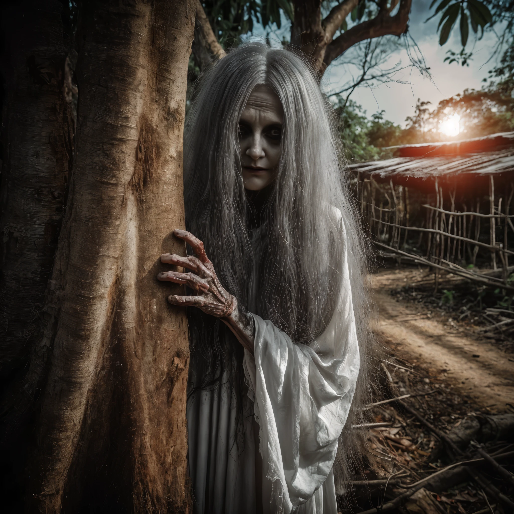 arafed woman with long white hair and a white dress standing next to a tree, eerie person, horror photography, spiritual eerie creepy picture, witch in the woods, award winning horror photography, scary ghost, witch woman, creepy photography, creepy, feral languid woman, scary look, old woman, very scary photo, scary photo, scaring