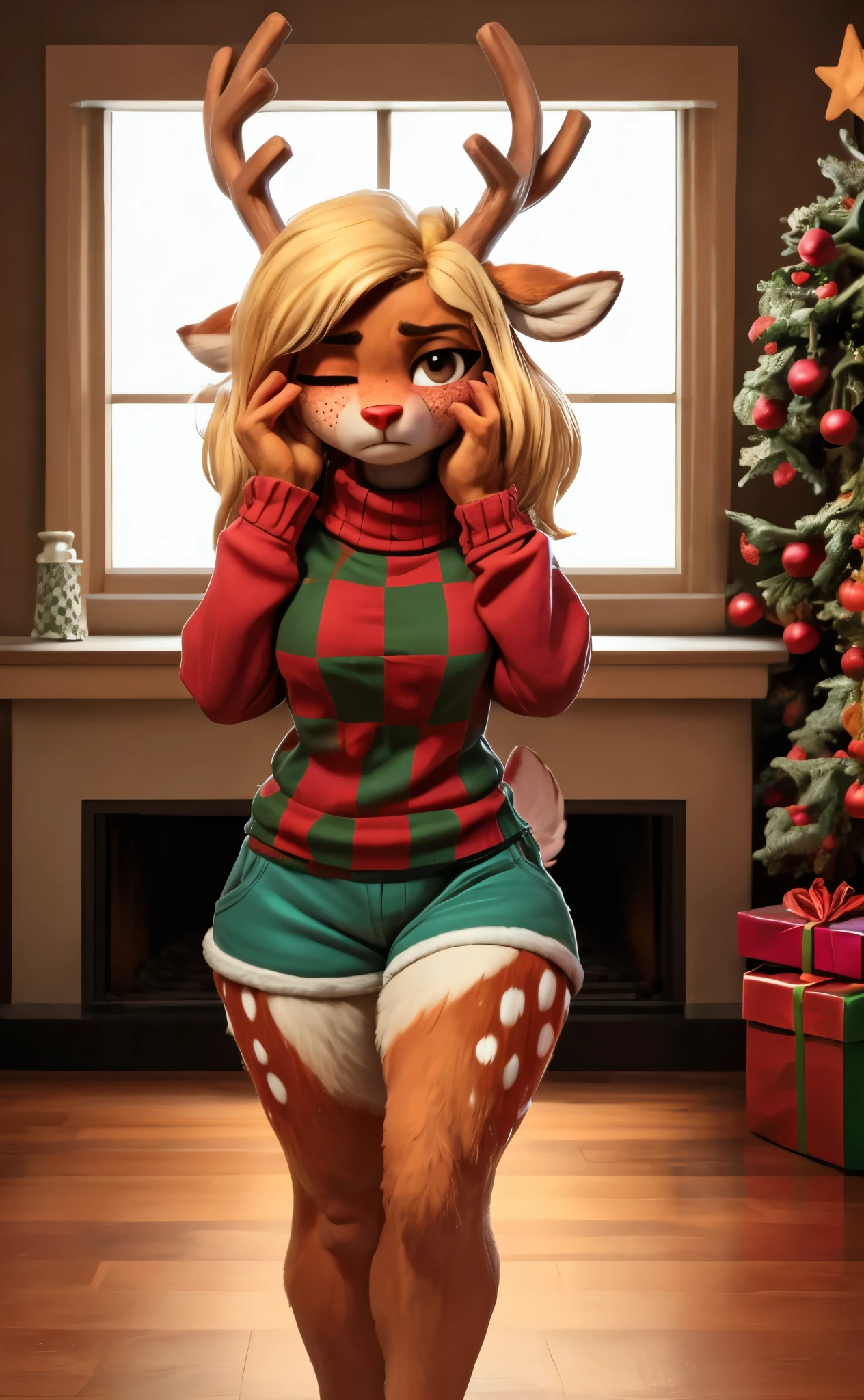 [noelleholiday], [Deltarune], [Uploaded to e621.net; (Pixelsketcher), (wamudraws), (woolrool)], ((masterpiece)), ((HD)), ((high res)), ((solo portrait)), ((full body)), ((front view)), ((feet visible)), ((furry; anthro)), ((detailed fur)), ((detailed shading)), ((beautiful render art)), ((intricate details)), {anthro deer; brown fur, red nose, brown eyebrows, (cute freckles), cute brown eyes, (one eye closed), (short eyelashes), (deer antlers), long blonde hair, short fluffy tail, (white spots on thighs), (curvy hips), (beautiful legs), (blushing), (cute frown), (sleepy expression), (tired expression)}, {(green checkered sweater), (short red lounge shorts)}, {(walking), (hand on face), (hand rubbing eye), (winking), (looking at viewer)}, [background; (living room), (fireplace), (christmas decorations), (window), (snow in window), (starry sky)]