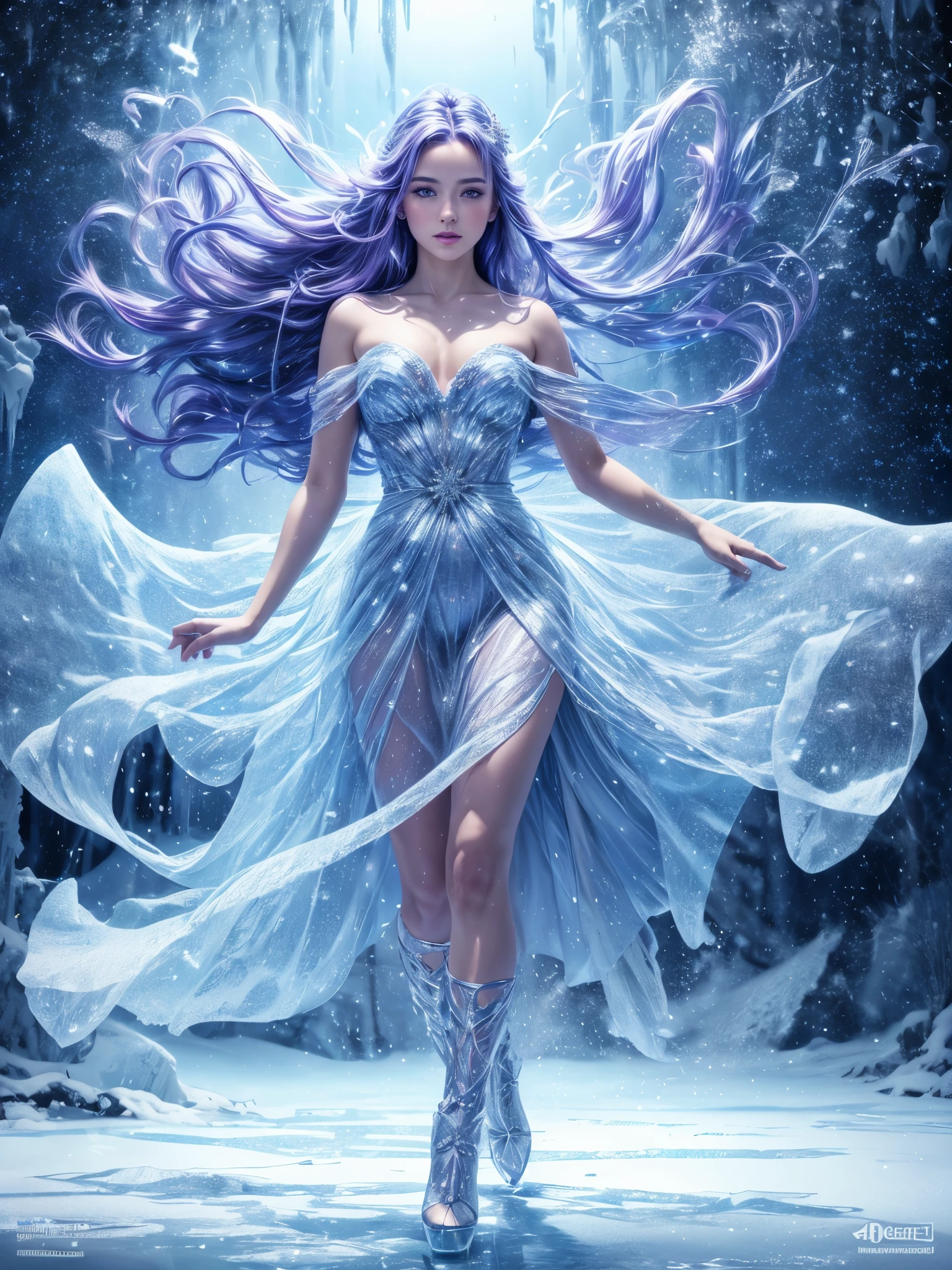 (best quality,4k,8k,highres,masterpiece:1.2),ultra-detailed,(realistic,photorealistic,photo-realistic:1.37),a girl in an ice sculpture,full body,colorful lighting,ice,glistening,transparent,crystalline,reflective surface,sparkling,ethereal,frozen,delicate,icy creation,snowflakes swirling,icy winds blowing,long flowing hair,frosty breath,humid cold air,magical atmosphere,shimmering splendor,soft ambient light,blue and purple hues،