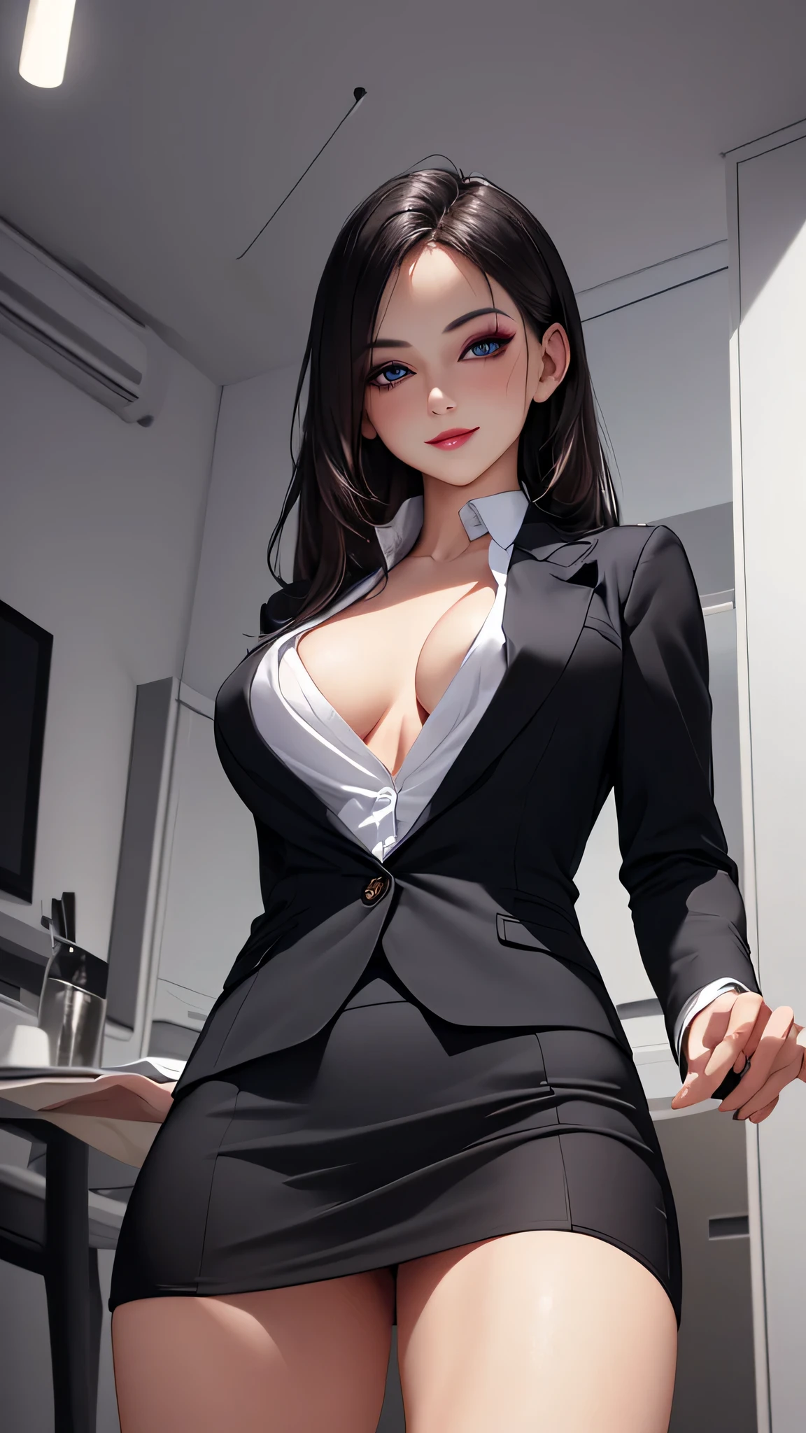 (1woman), Beautiful, Amazing face and eyes, makeup, (extremely detailed beautiful face), seducting smile, (Best Quality:1.4), (Ultra-detailed), (extremely detailed CG unified 8k wallpaper), Highly detailed, raw photos, Professional Photography, (Business Suit, Mini skirt:1.2), (Business shirt with wide open chest), (Spread legs), (view from below)