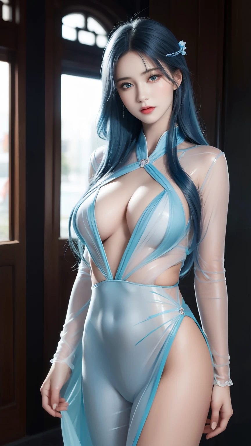 (hyper-actual), (illustration), (high resolution), (8k), (Very detailed), (最佳illustration), (beautiful and delicate eyes), (best quality), (super detailed), (masterpiece), (wallpaper), (lifelike), (Natural light), (edge lighting), (Detailed face), (高度细致lifelike皮肤纹理), (anatomically correct), (alone), (1 girl), (高细节lifelike头发), (blue hair:1.2), spiky hair, (heterochromatic eyes), (Detailed green eyes), (There is a small mole under the eye), (actual:1.5), (Naked room:1.3), (long legs), (slim abs), (dynamic poses), (close your mouth:1.3), (Traditional Hanfu), (transparent clothes:1.5), national foundation,breasts on display,breasts on display,exposing her breasts,huge ,huge breasts,exposing her breasts,huge breasts,