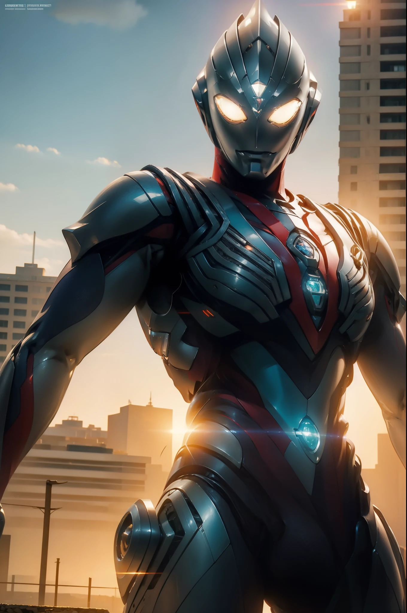 Masterpiece, top quality, high resolution, realistic, cowboy shot, ultraman, mecha ultraman, silver, red, blue, transparent, (stance: 1.1), biomechanics, urban, sunset, dramatic lighting, Action pose