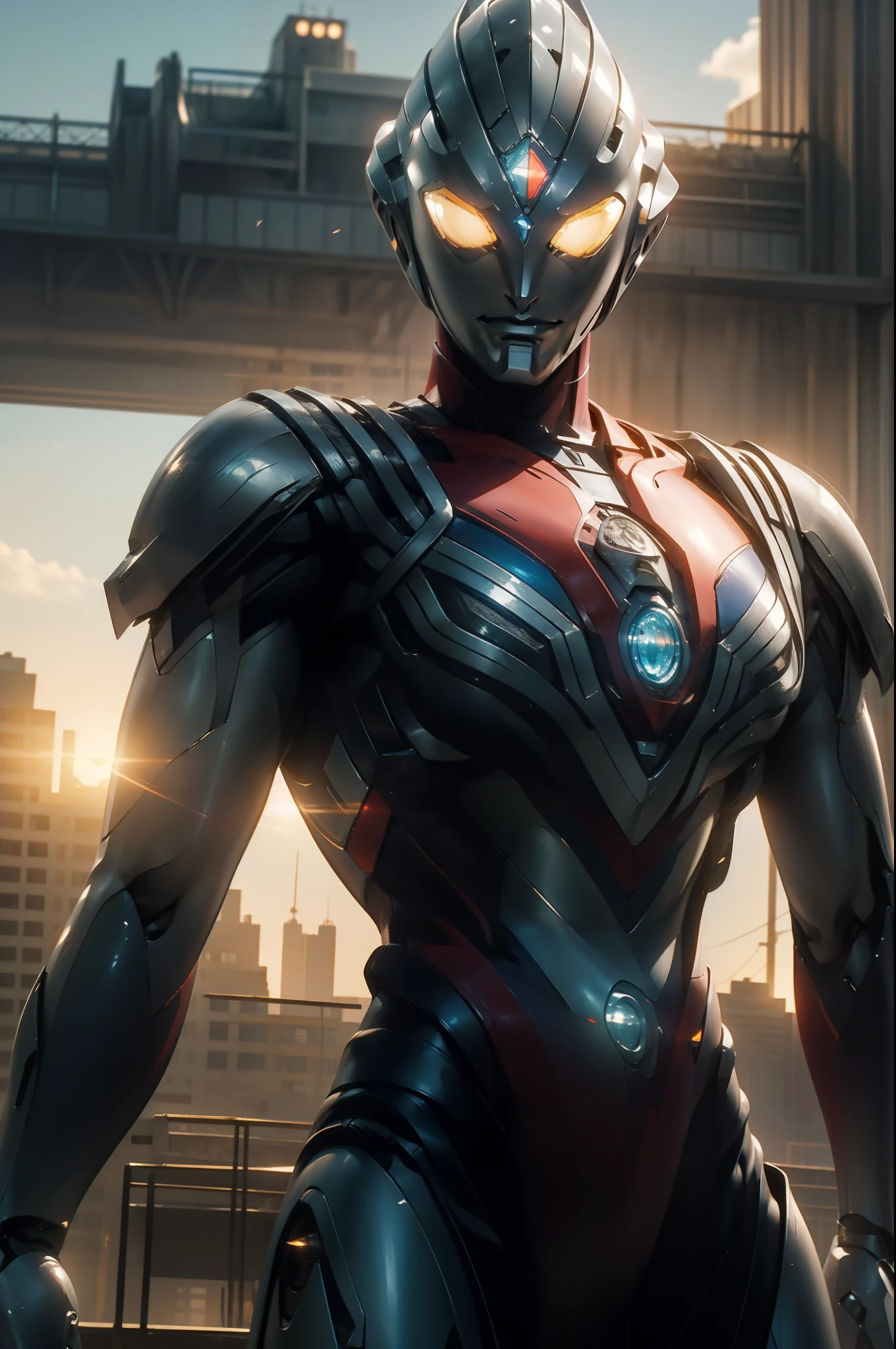 Masterpiece, top quality, high resolution, realistic, cowboy shot, ultraman, mecha ultraman, silver, red, blue, transparent, (stance: 1.1), biomechanics, urban, sunset, dramatic lighting, Action pose