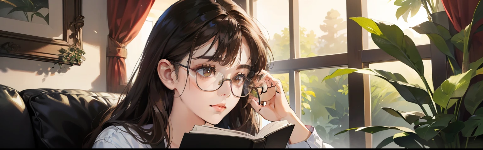 Window,Foliage plant,((black rim glasses)),masterpiece, highest quality, realistic, 1 female, quiet, calm and beautiful young woman, , ((close your mouth)), very detailed, portrait, ((dark brown eyes)), ((Wave with bang brunette hair)), reading, 4K