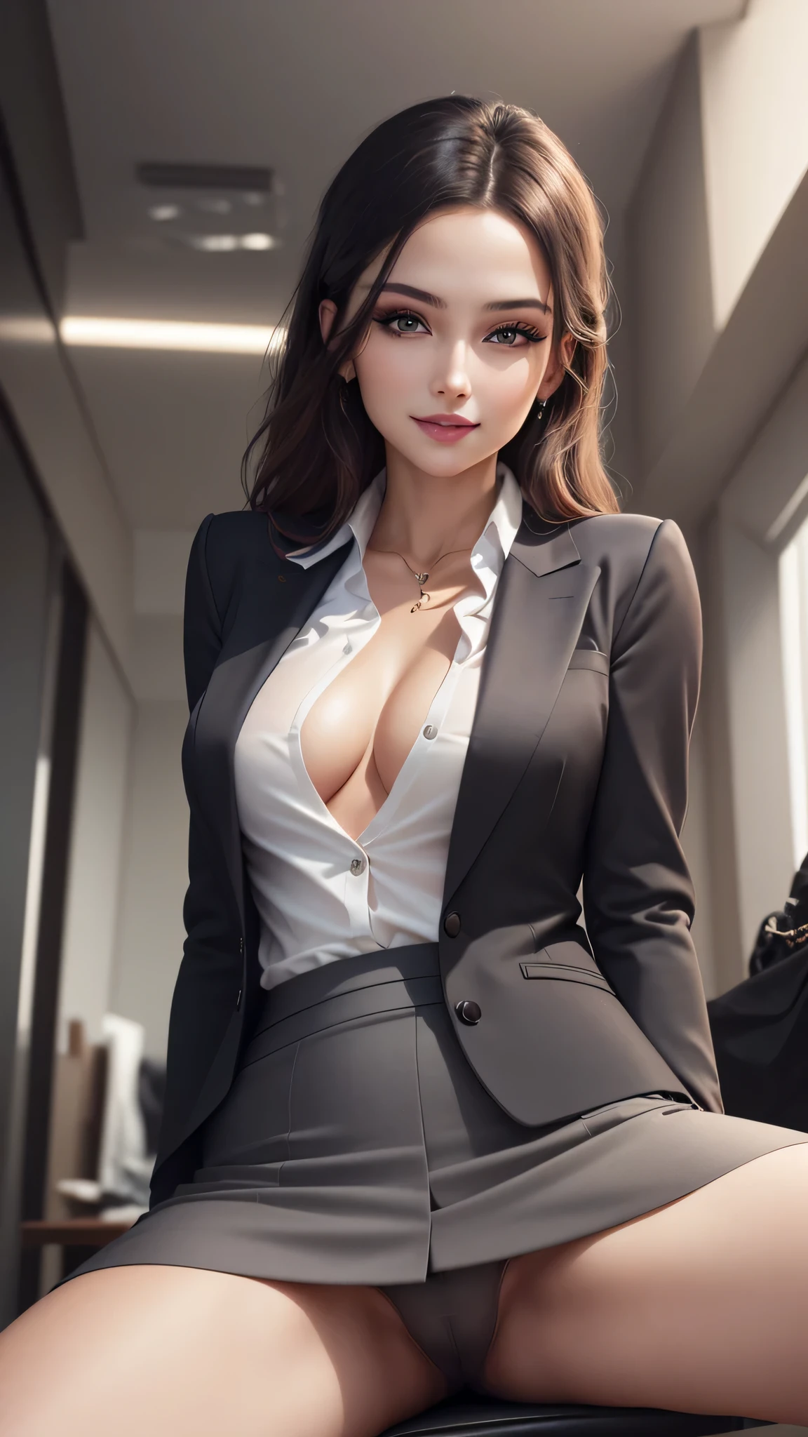 (1woman), Beautiful, Amazing face and eyes, makeup, (extremely detailed beautiful face), seducting smile, (Best Quality:1.4), (Ultra-detailed), (extremely detailed CG unified 8k wallpaper), Highly detailed, raw photos, Professional Photography, (Business Suit, Mini skirt:1.2), (Business shirt with wide open chest), (Spread legs), (view from below)