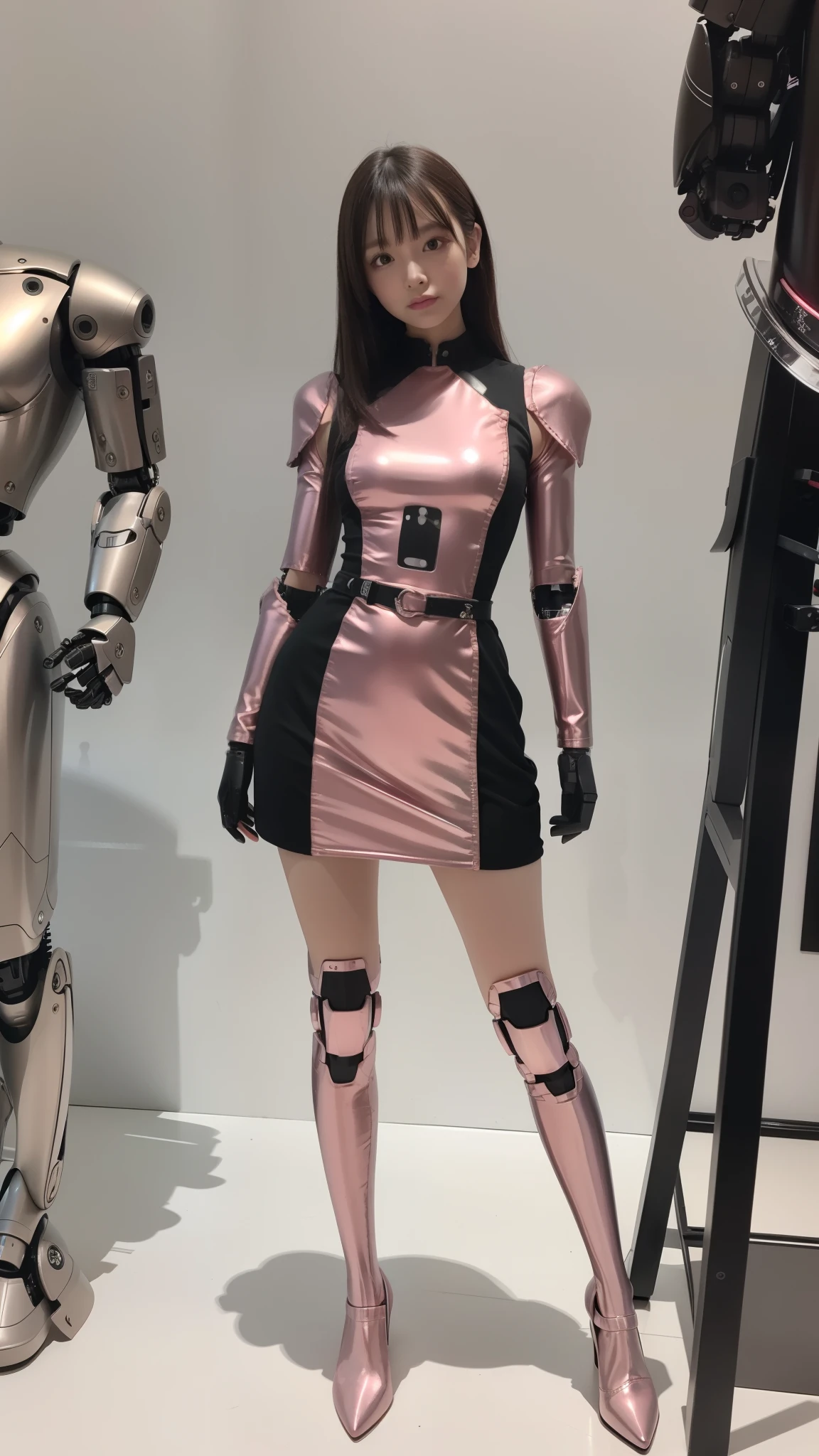 Robot Girl, pink there, Silver, Metallic body, Robot Parts, Metal Parts, Super Detailed Face, Super well-formed face, of the highest quality, a small face, a small head, Brown hair, Slender body, Camera gaze, Internal Mechanical Exposure, Idol, front facing, Well-proportioned body, sale, Exhibited, Event Hall, Moe Pose, pink metallic Lolita dress machine armor, Standing with legs open, Model body type, sad, Embarrassing,(Perfect Robot Girl),(Perfect machine body)