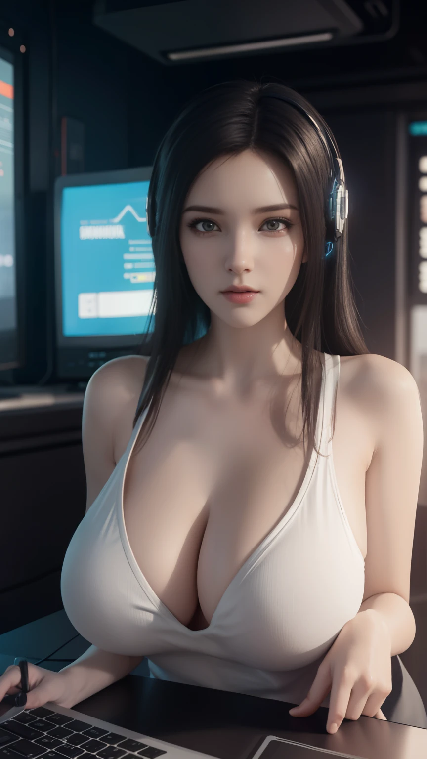 ((best quality)), ((masterpiece)), (Very detailed:1.3), 3D, beautiful (cyberpunk:1.3) female hacker, thick hair, half-naked chest, Operation terminal, computer server, LCD screen, optic fibre cable, Corporate logo, human development report (high dynamic range), Ray tracing, NVIDIA RTX, super resolution, Unreal 5, subsurface scattering, PBR texture, post processing, Anisotropic filtering, depth of field, Maximum clarity and sharpness, multi-layer texture, Albedo and specular maps, surface coloring, Accurately simulate the interaction of light with materials, Perfect proportion, octane rendering, Two-tone lighting, Low ISO, white balance, rule of thirds, Large aperture, 8K original, High efficiency sub-pixel, sub-pixel convolution, glowing particles,huge boobs,huge breasts,Show breasts,exposing her chest,huge breasts,Show breasts,exposing her chest,huge ,Show breasts,exposing her chest,