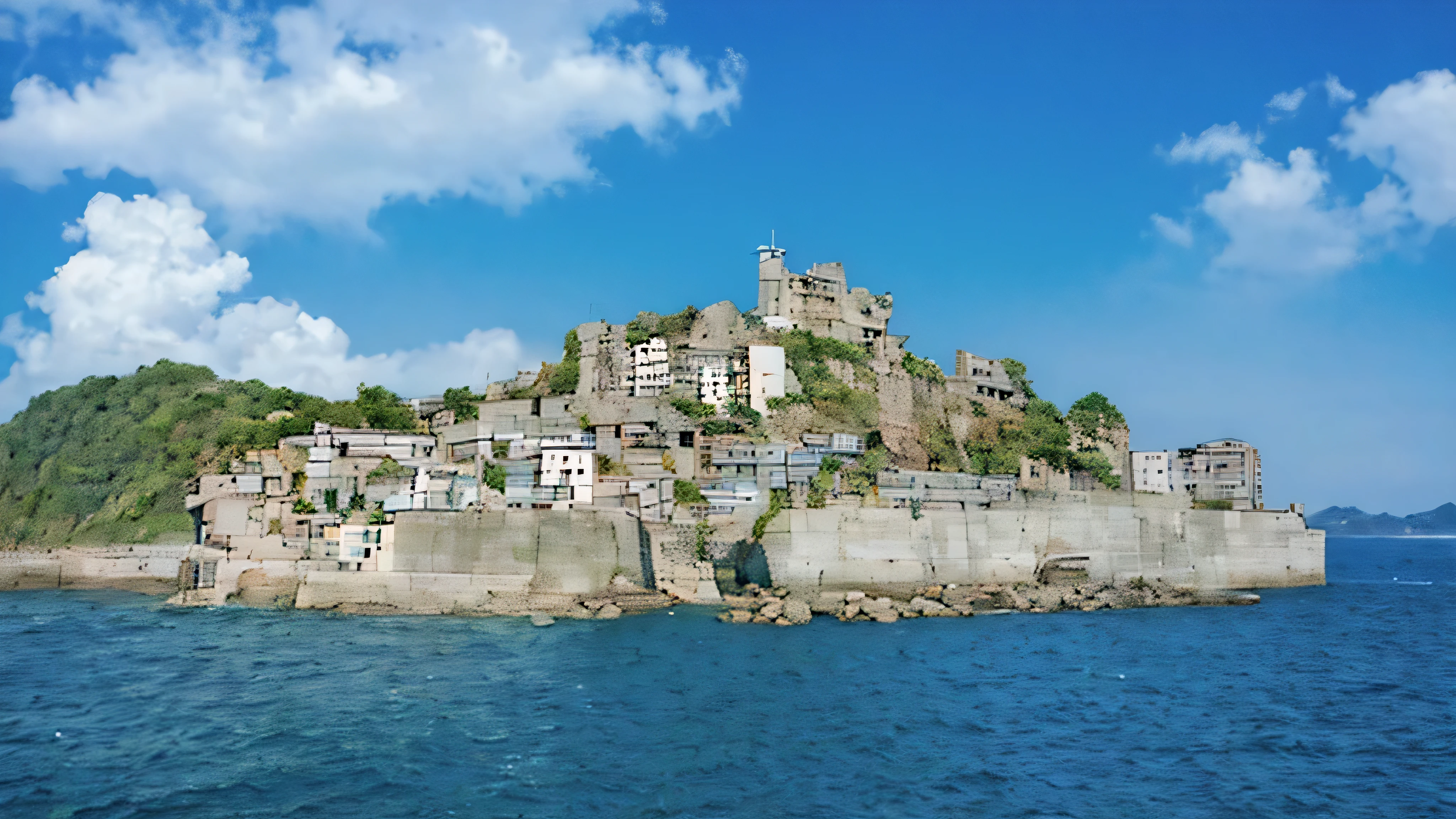 There is a large body of water in the background、There's a castle on the hill。, Hashima, Seen from the port, View from the sea, port, Nagasaki, Surrounding ruins, View from the sea, by Carlo Martini, Written by Kamagurca, crustol on the rock, japan shonan enoshima, You can see how big it is in the photo., Historical setting