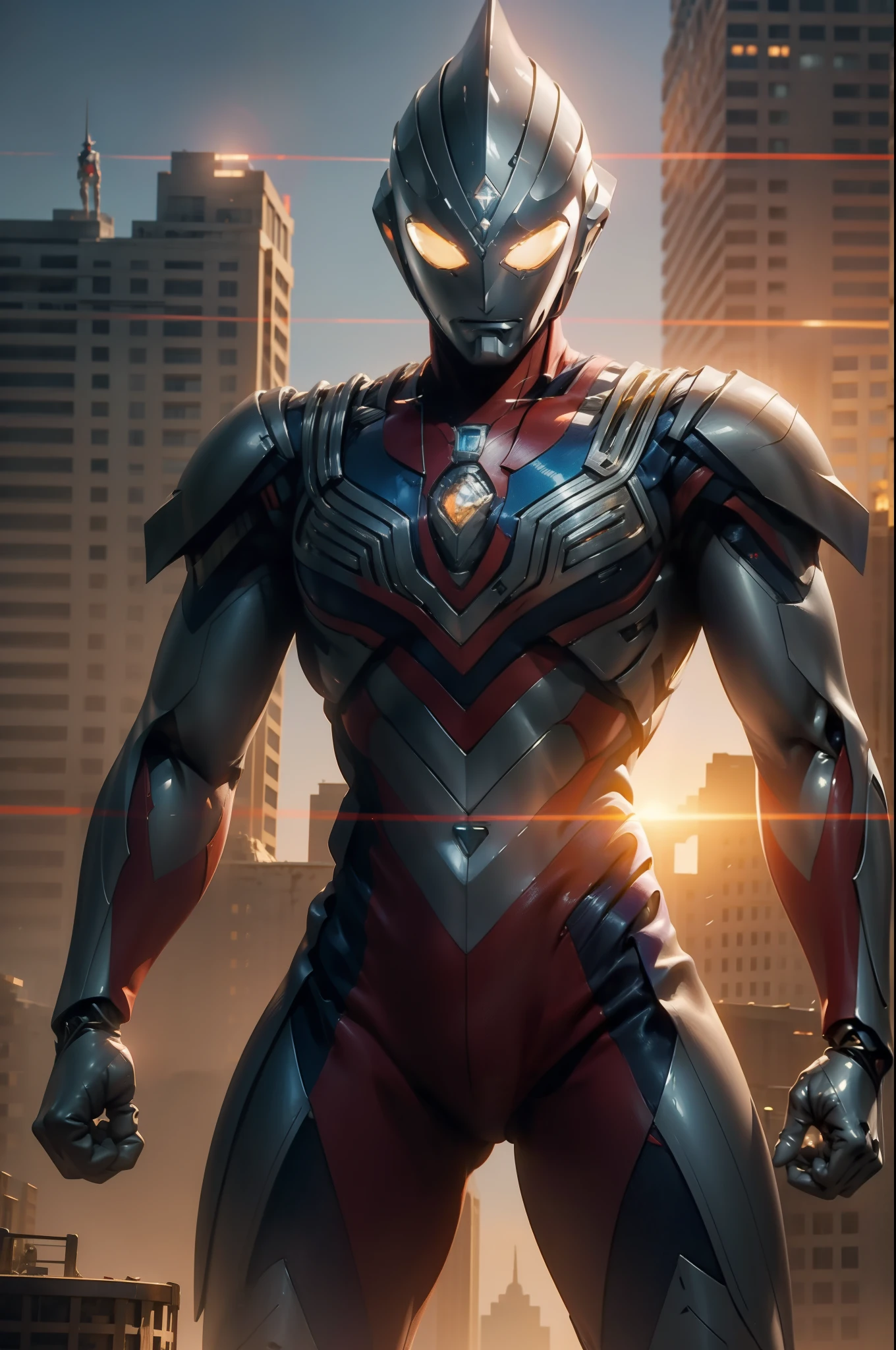Masterpiece, top quality, high resolution, realistic, cowboy shot, ultraman, 1 boy, bodybuilder, mecha ultraman, silver, red, blue, transparent, (stance: 1.1), biomechanics, urban, sunset, dramatic lighting, Action pose