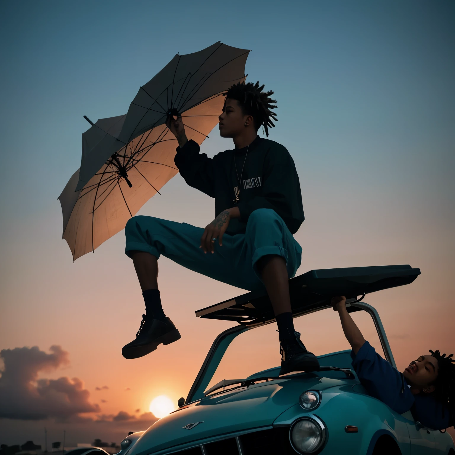 arafed man sitting on top of a car with a crowd of people in o fundo, iluminado de lado, photo no estilo de Tyler Mitchell, chave ainda, xxxtentacion, alta qualidade de imagem, album art, no estilo de Tyler Mitchell, 2 1 selvagem, iluminado de cima, suave em _ o fundo, filmado na hora dourada, Top Art em alta