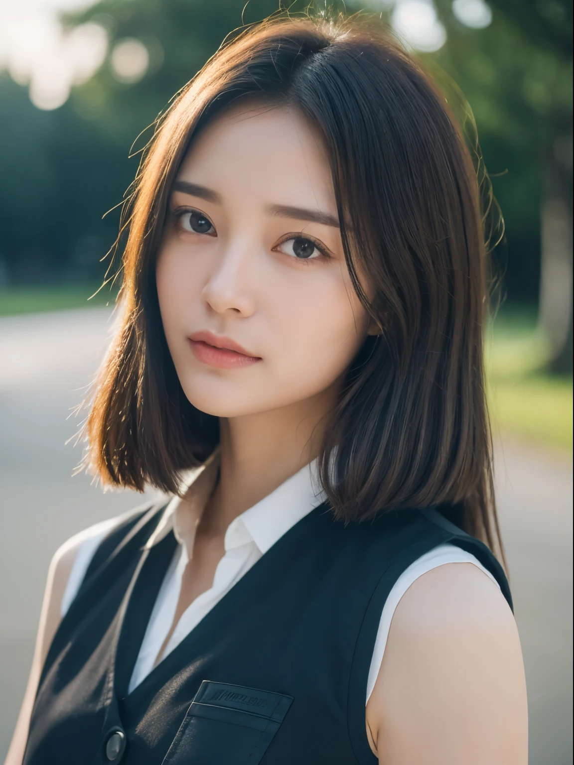 ((Realistic light, best quality, 8k, masterpiece:1.3)), sharp focus:1.2, 1 girl, Beautiful woman with perfect figure:1.4, slim abs:1.1, ((dark brown hair)), (tight vest:1.4）,（Exterior，During the day：1.1），highway landscape，Super thin face，beautiful eyes，double eyelids，exercise