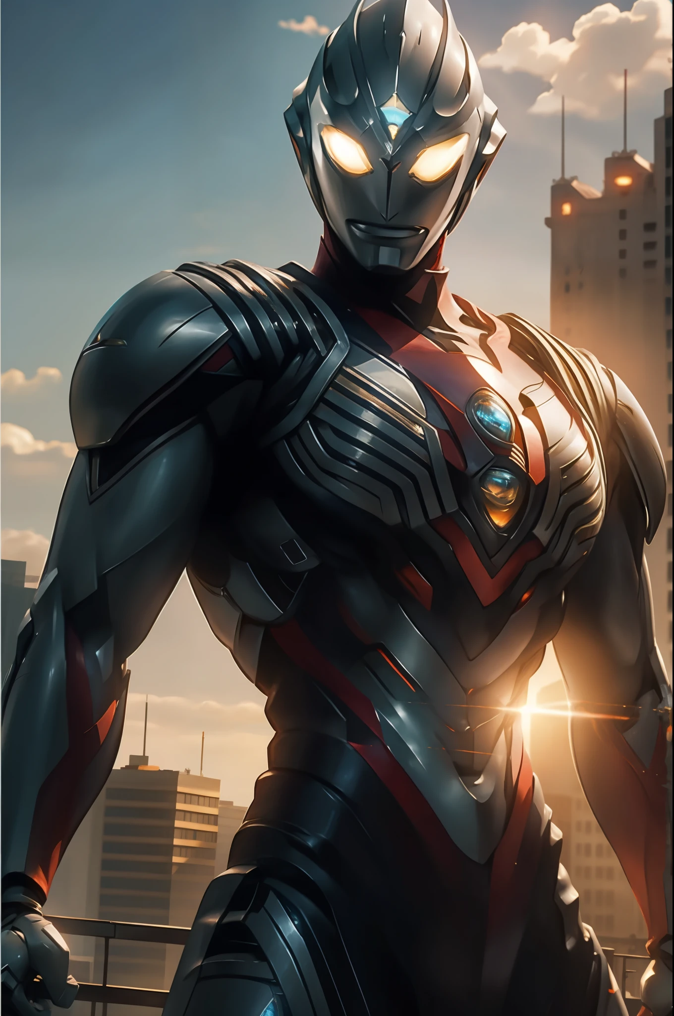 Masterpiece, top quality, high resolution, realistic, cowboy shot, ultraman, 1 boy, bodybuilder, mecha ultraman, silver, red, blue, transparent, (stance: 1.1), biomechanics, urban, sunset, dramatic lighting, Action pose