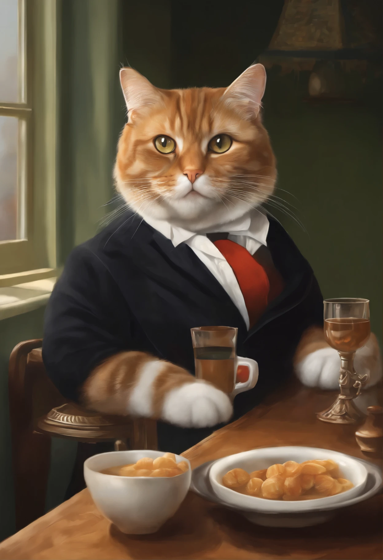 There is a fat cat,sitting next to a glass of milk, cat drinking milk, Illustration of 1 cat, 超actual的插图, 超actual的插图, 超actual插画, cat in suit,a cat. actual, author:Wayne England, actual illustration, 超actual的插图, portrait, 近距离portrait, Award-winning surrealism, author:Lisa Mirroy, author:Crazy Darla