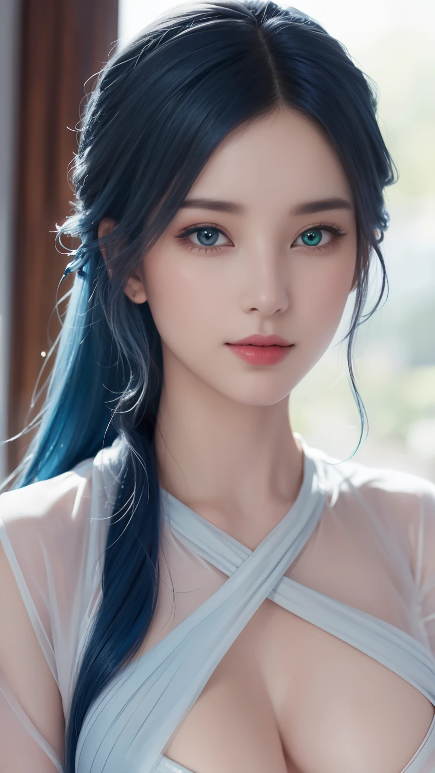 (hyper-realistic), (illustration), (high resolution), (8k), (Very detailed), (最佳illustration), (Beautiful and delicate eyes), (best quality), (Super detailed), (masterpiece), (wallpaper), (lifelike), (Natural light), (edge lit), (Detailed face), (高度细致lifelike皮肤纹理), (anatomically correct), (alone), (1 girl), (高细节lifelike头发), (blue hair:1.2), spiky hair, (heterochromatic eyes), (Detailed green eyes), (There is a small mole under the eye), (realistic:1.5), (Naked of breast:1.3), (long legs), (slim abs), (dynamic poses), (Keep your mouth shut:1.3), (Traditional Hanfu), (transparent clothes:1.5), national foundation,Show breasts，Show breasts，exposing her chest，huge ，huge breasts，exposing her chest，huge breasts，