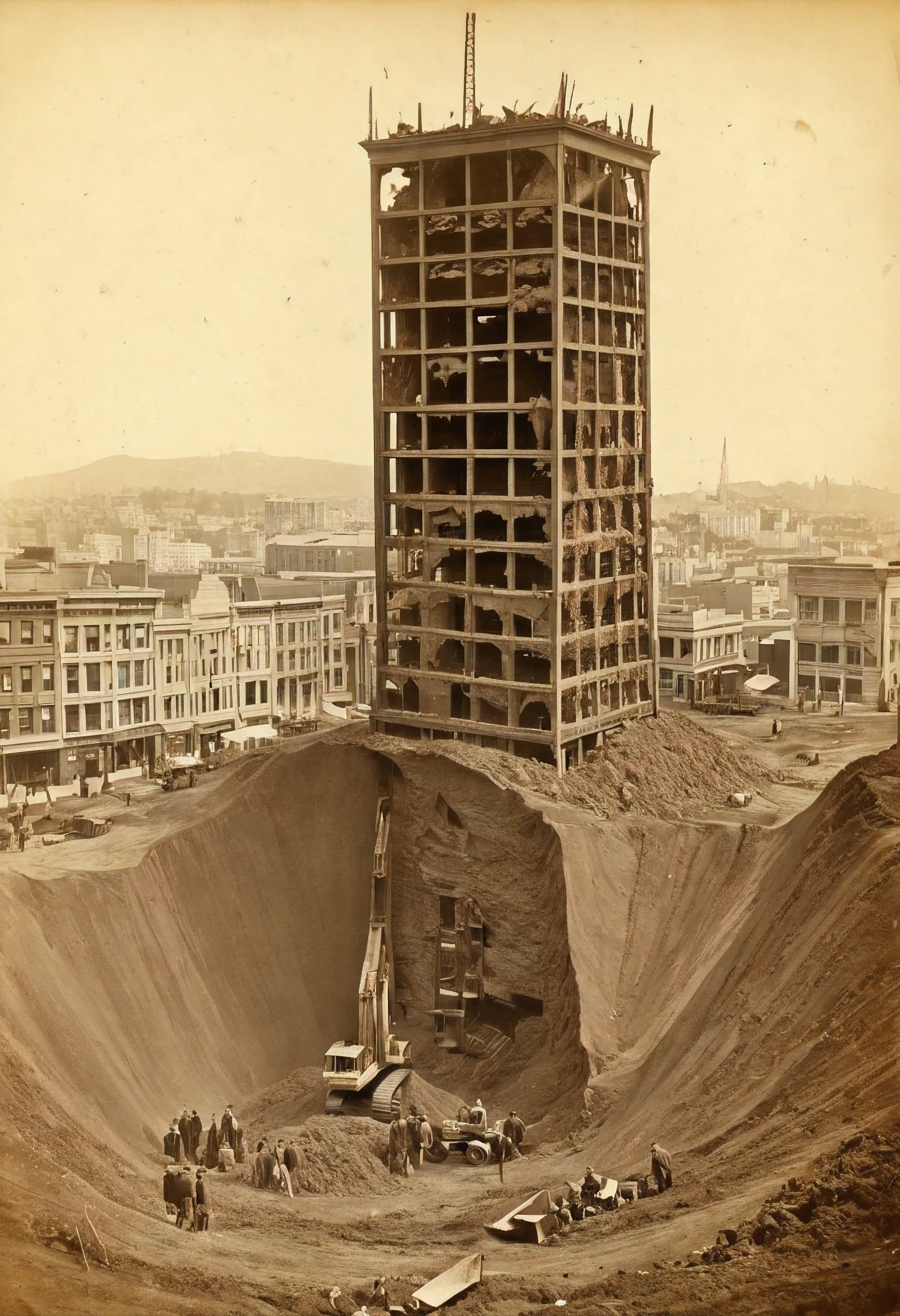 1890 vintage photo showing a (cross-section) of a large russian skyscraper in san Francisco with the bottom half is covered in dirt being dug out of the ground.  with tiny construction equipment and crews working to uncover as much as they can. the skyscraper has an architecture that resembles persian|Russian,  , detailed film grain high quality