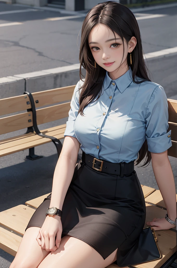 masterpiece, best quality, a beautiful lady in a yellow pencil skirt and yellow casual suit for ladies sitting on stations bench with a purse, black belt, black button, 1girl, black hair, long hair, forehead hairstyle, solo, sitting, skirt, brown eyes, almond eyes, jewelry, earrings, wrist watch, arm pit, smile,