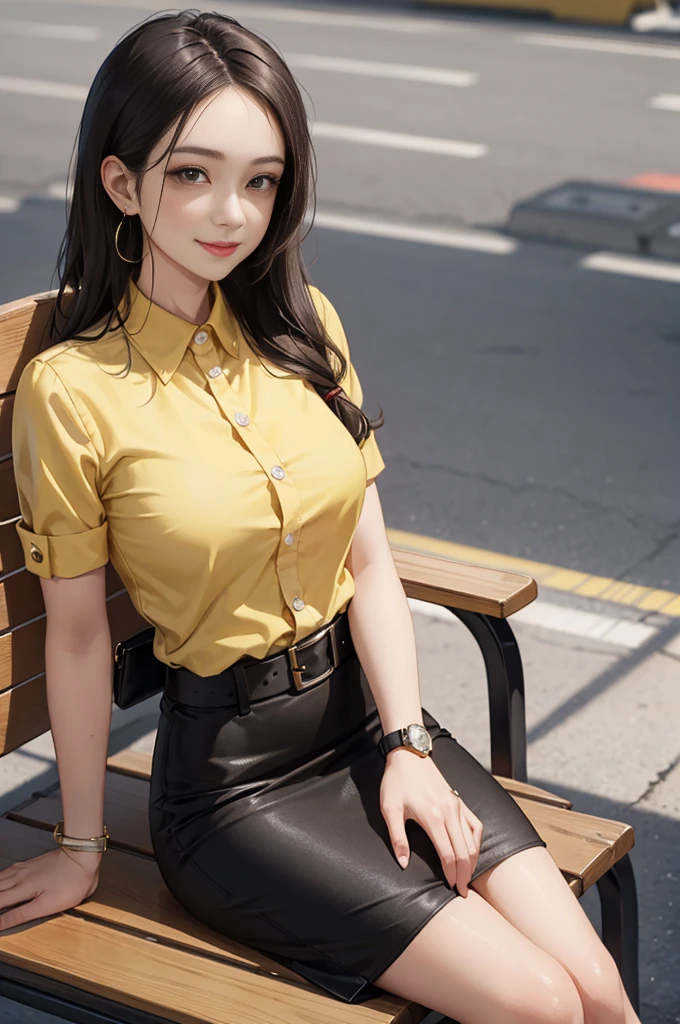 masterpiece, best quality, a beautiful lady in a yellow pencil skirt and yellow casual suit for ladies sitting on stations bench with a purse, black belt, black button, 1girl, black hair, long hair, forehead hairstyle, solo, sitting, skirt, brown eyes, almond eyes, jewelry, earrings, wrist watch, arm pit, smile, 