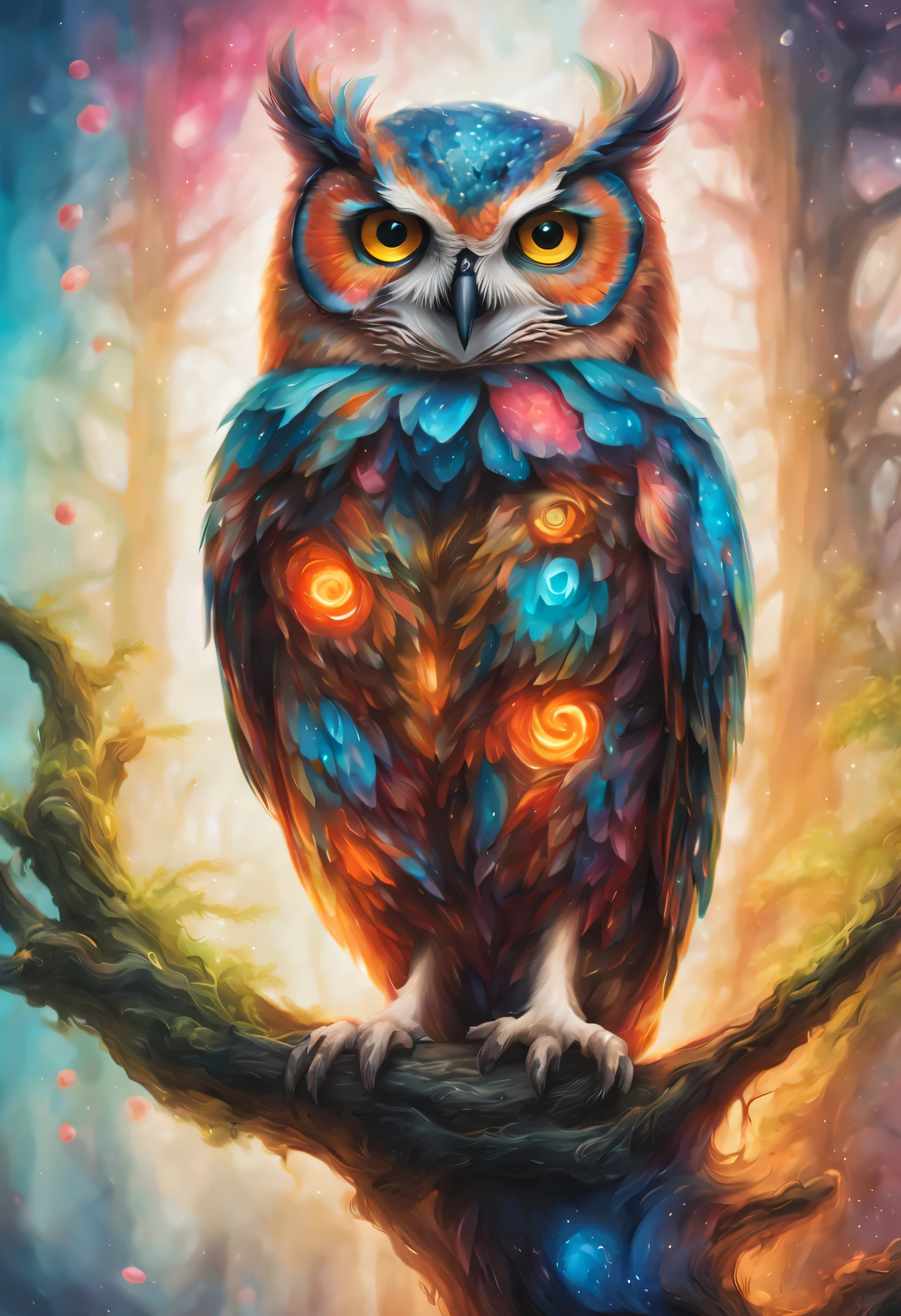 a brightly colored owl perched on a branch, an airbrush painting by Ryūsei Kishida, , ganador del concurso de contraventanas, holography, bioluminiscencia, behance HD, bright neon
