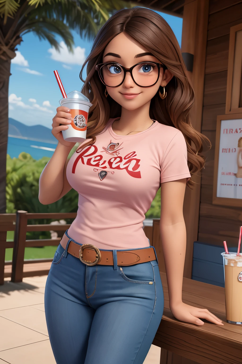 (8k, RAW photo, best quality, masterpiece:1.2), (intricate details), perfect eyes, perfect face, perfect lighting, beautiful, (masterpiece:1.2), (best quality:1.2), 1girl, solo, alya, glasses, brown eyes, happy face, beauty spot, adult torso, massive breasts, (jeans, red t-shirt), holding a milkshake, cowboy shot, 3DMM