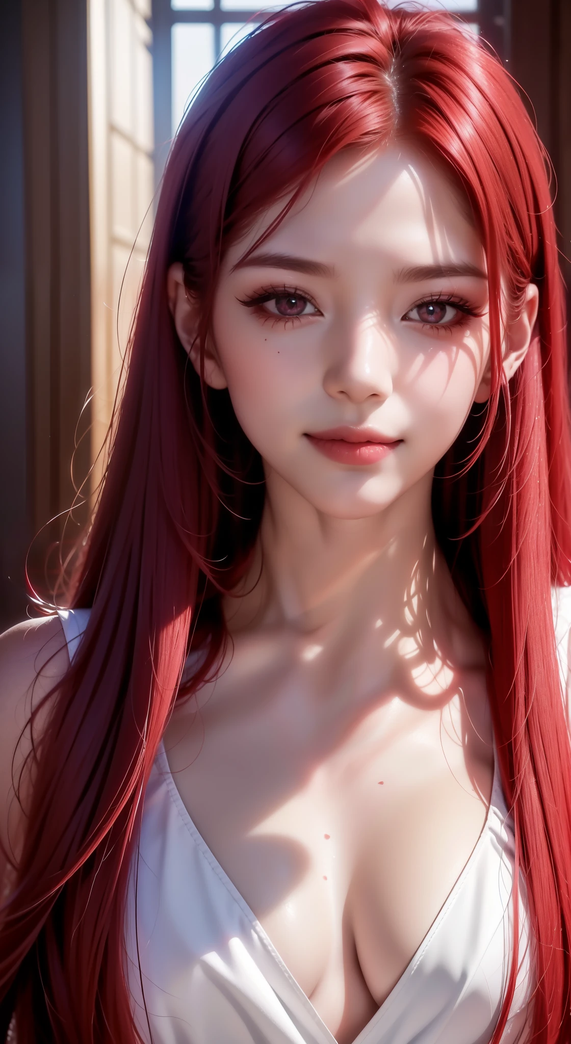 (Red long-haired,red color eyes,Red clothes)(red eyes),Facing the lens,tmasterpiece,best qualtiy,high qulity,k hd,High-quality textures,High-quality shadows,high detal,realisticlying,cinematric light,Sideslit,lens flare glow,Ray traching,Sharp focus,exposing her chest, ( smile with teeth) (normal chin)