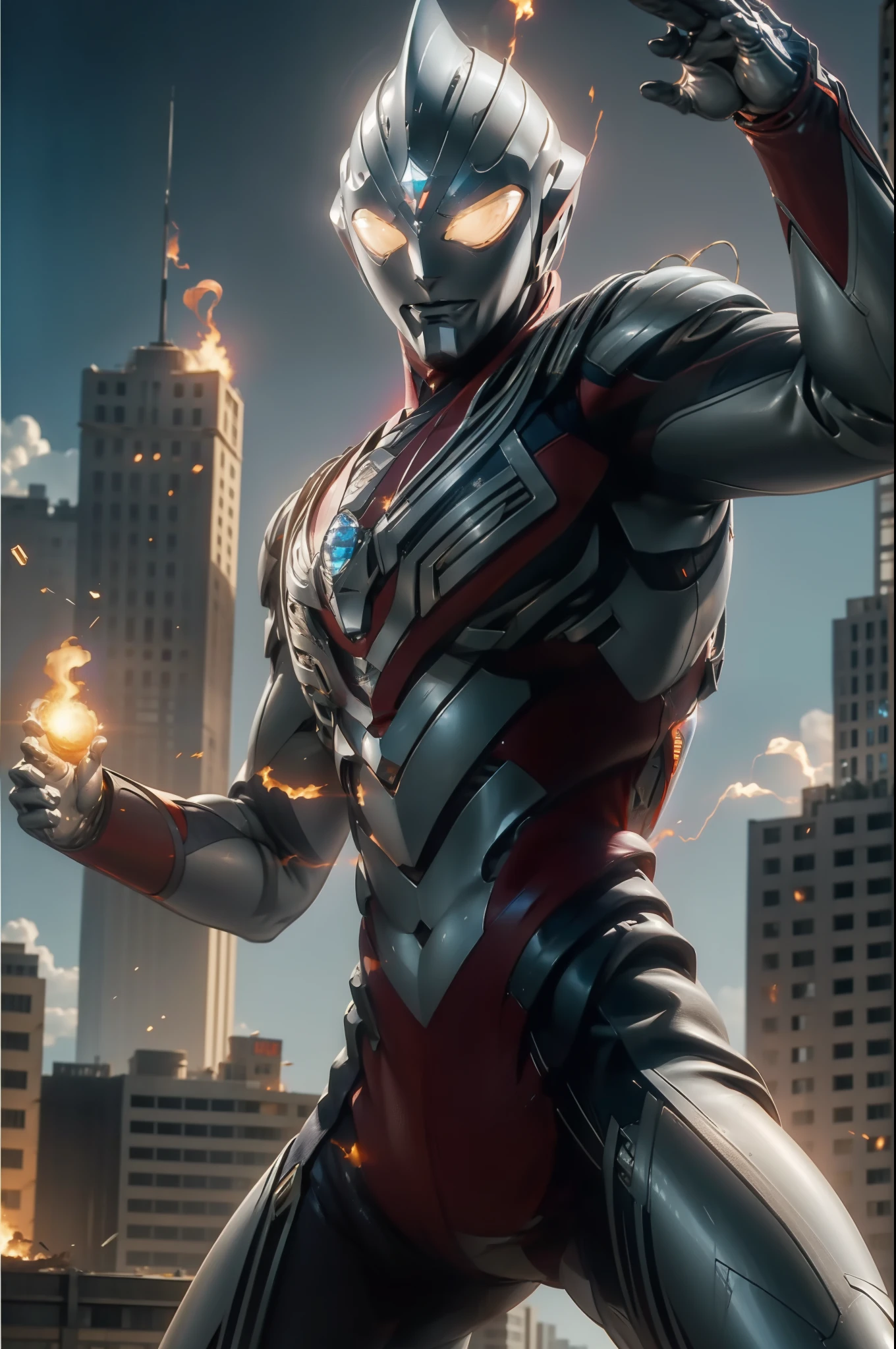(masterpiece, best quality),1giant man,from below,ultraman,fire effect,shiniy skin,(buring urban city),(fighting pose,dynamic angle,dynamic effect)